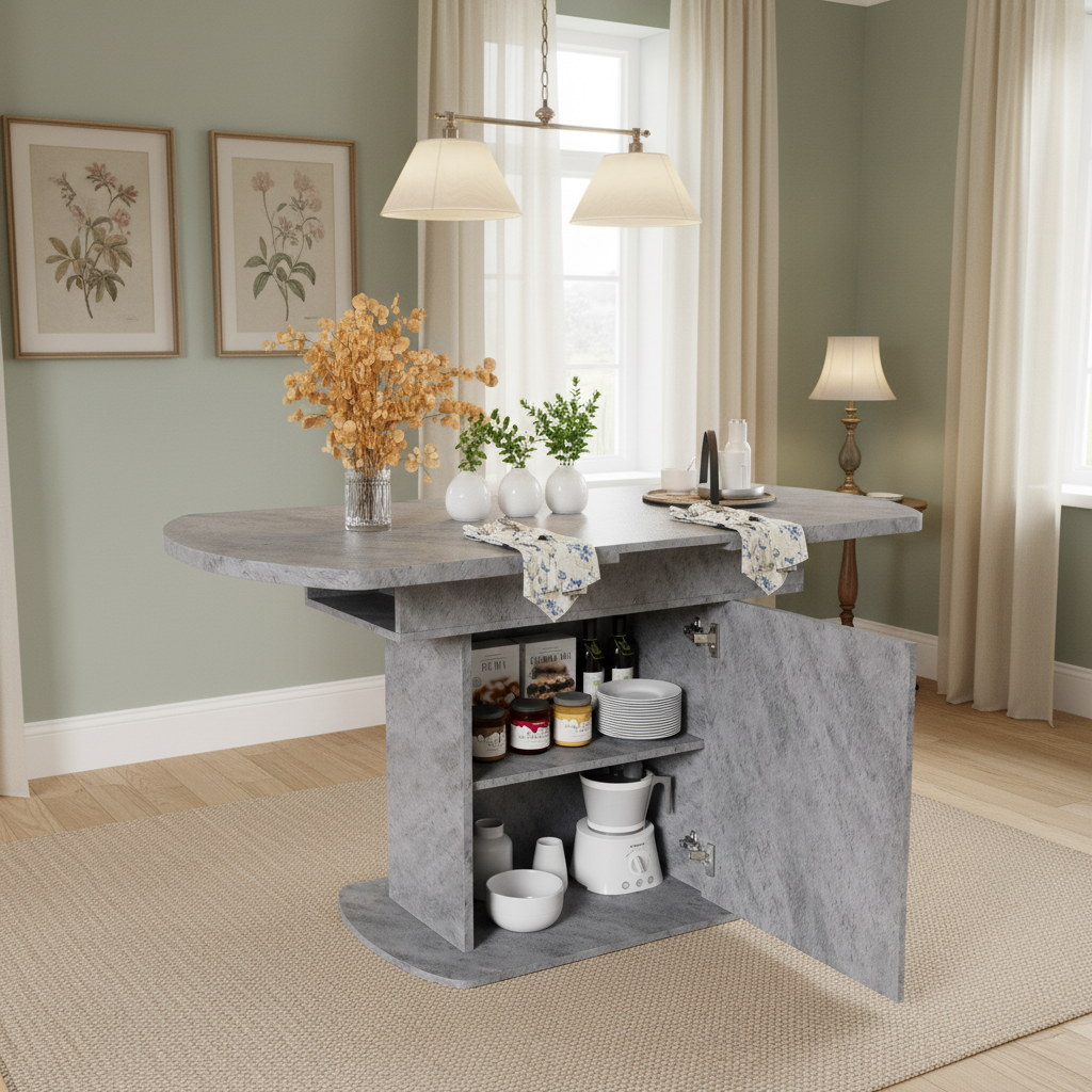 Extendable Oval Dining Table 110/130cm, Space-Saving, Storage Function, Cement Grey + Silver Handles