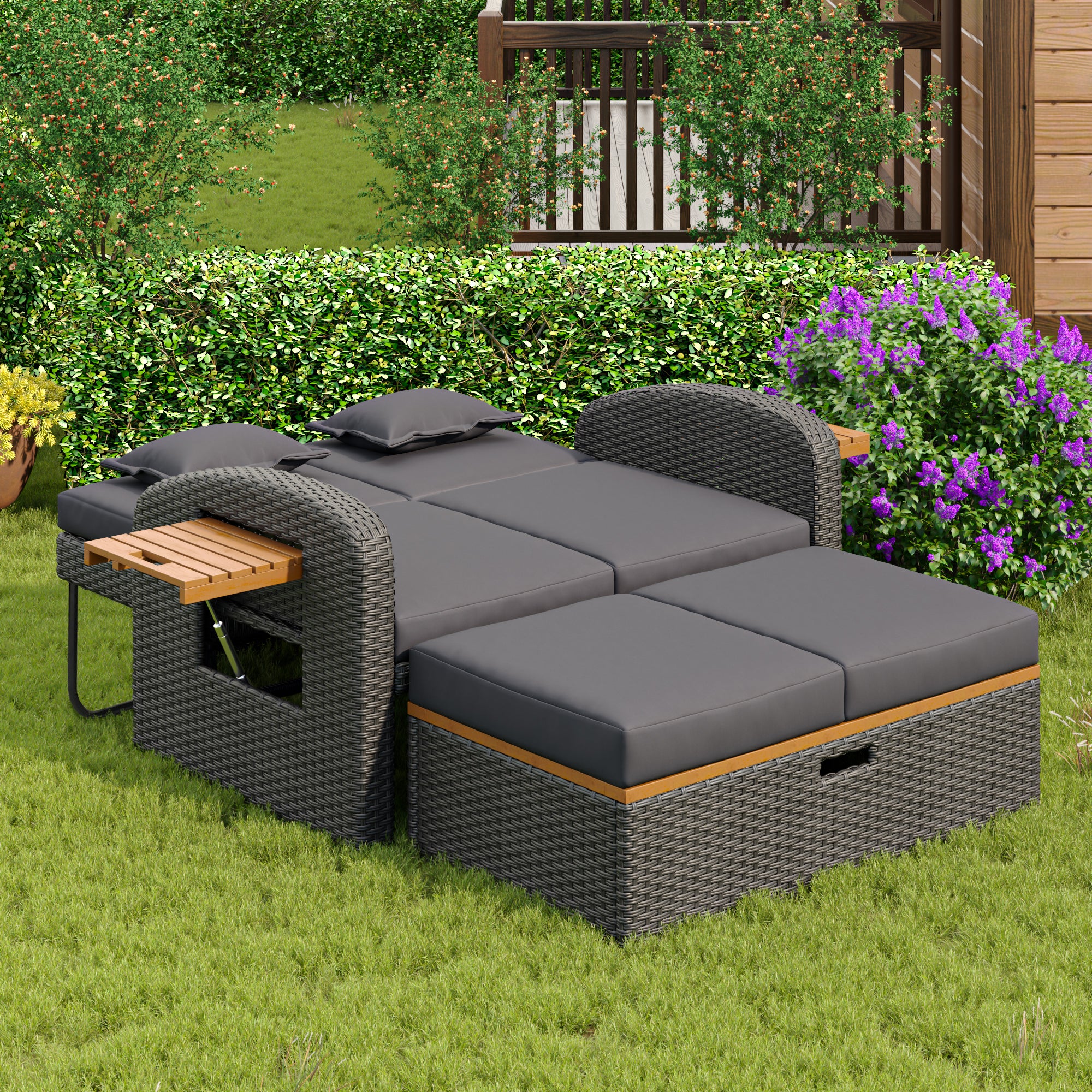 Garden Lounge Chair Set 2-Person Adjustable Back Convertible Bed - Grey Rattan