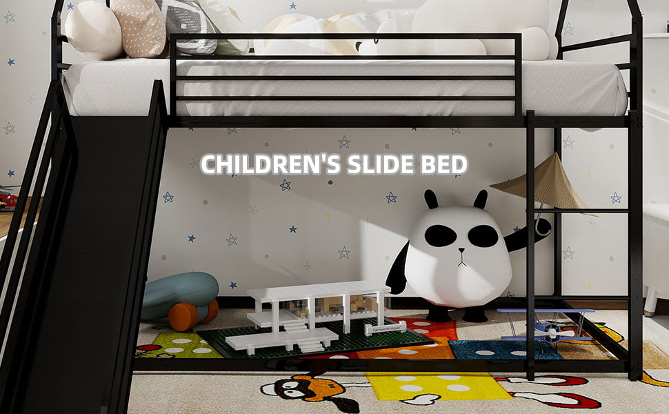 Twin over Twin Bunk Bed with Slide, House Shaped, Metal