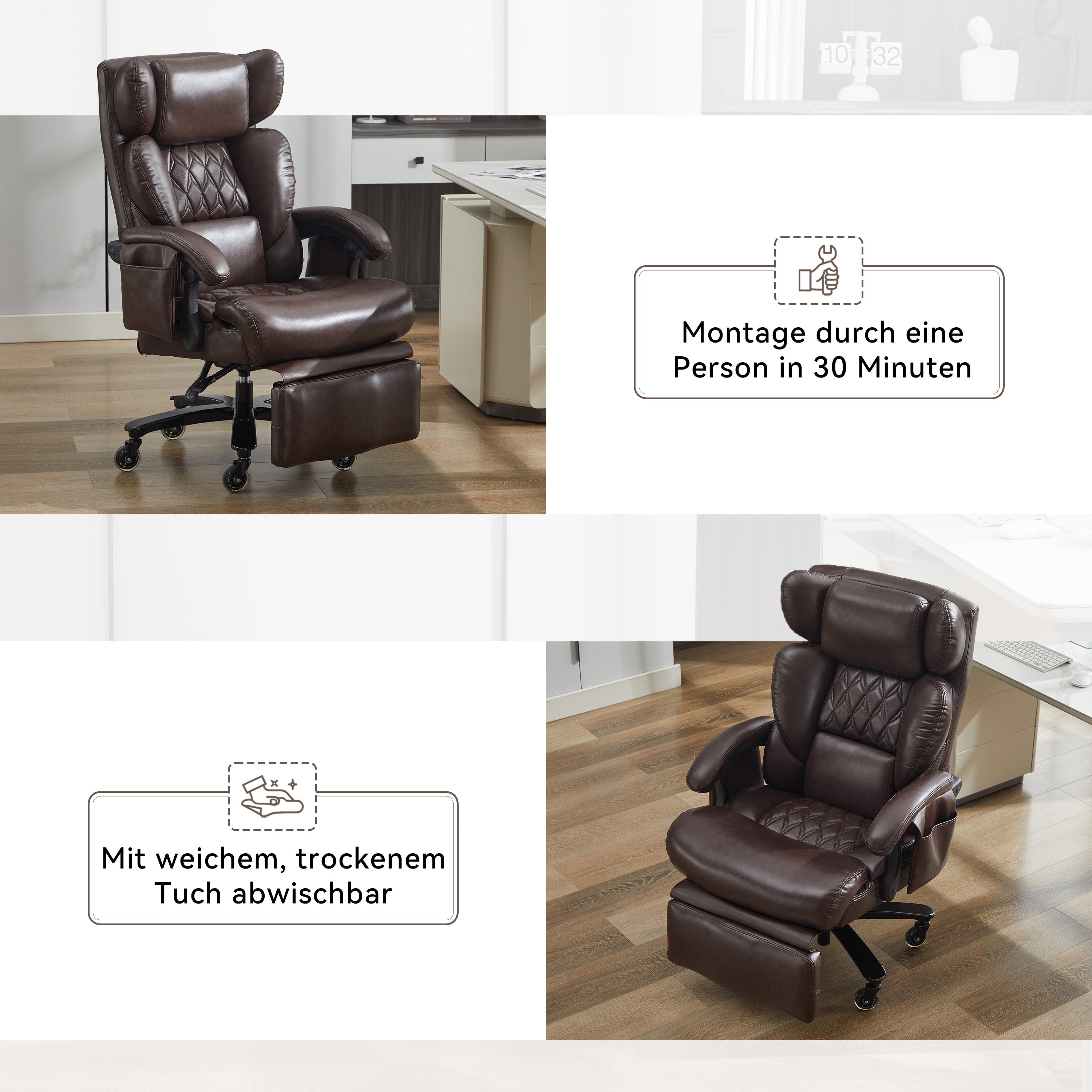 XXL Ergonomic Office Chair with Massage and Heating Function, Footrest and Adjustable Backrest, Brown PU Leather