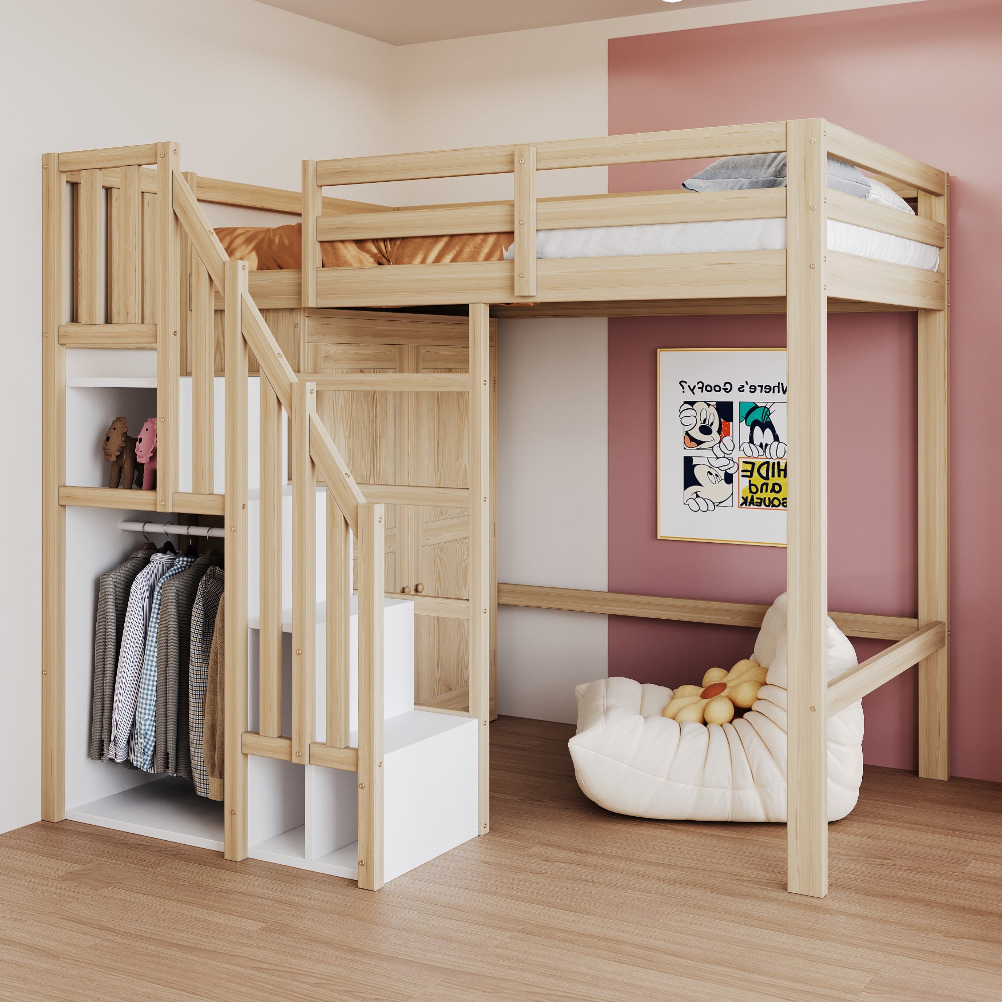 Loft Bed 90x200cm Storage Ladder Wardrobe Solid Wood, Original Wood Color