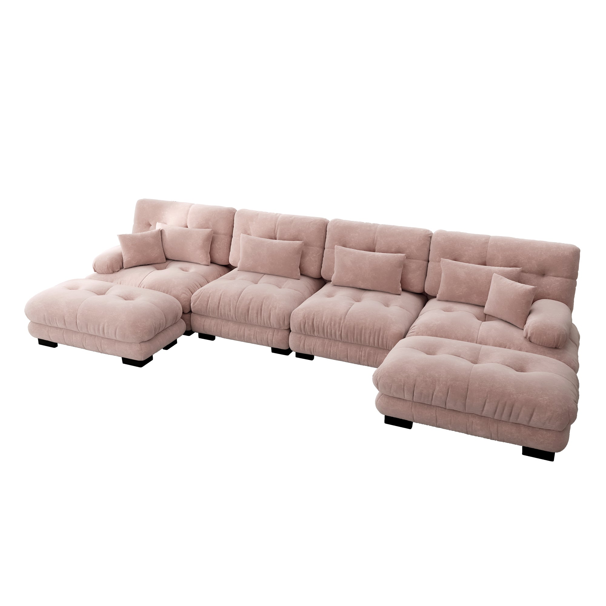 Modular Corner Sofa, U-shaped 4-Seater with Movable Ottoman, Pink Chenille