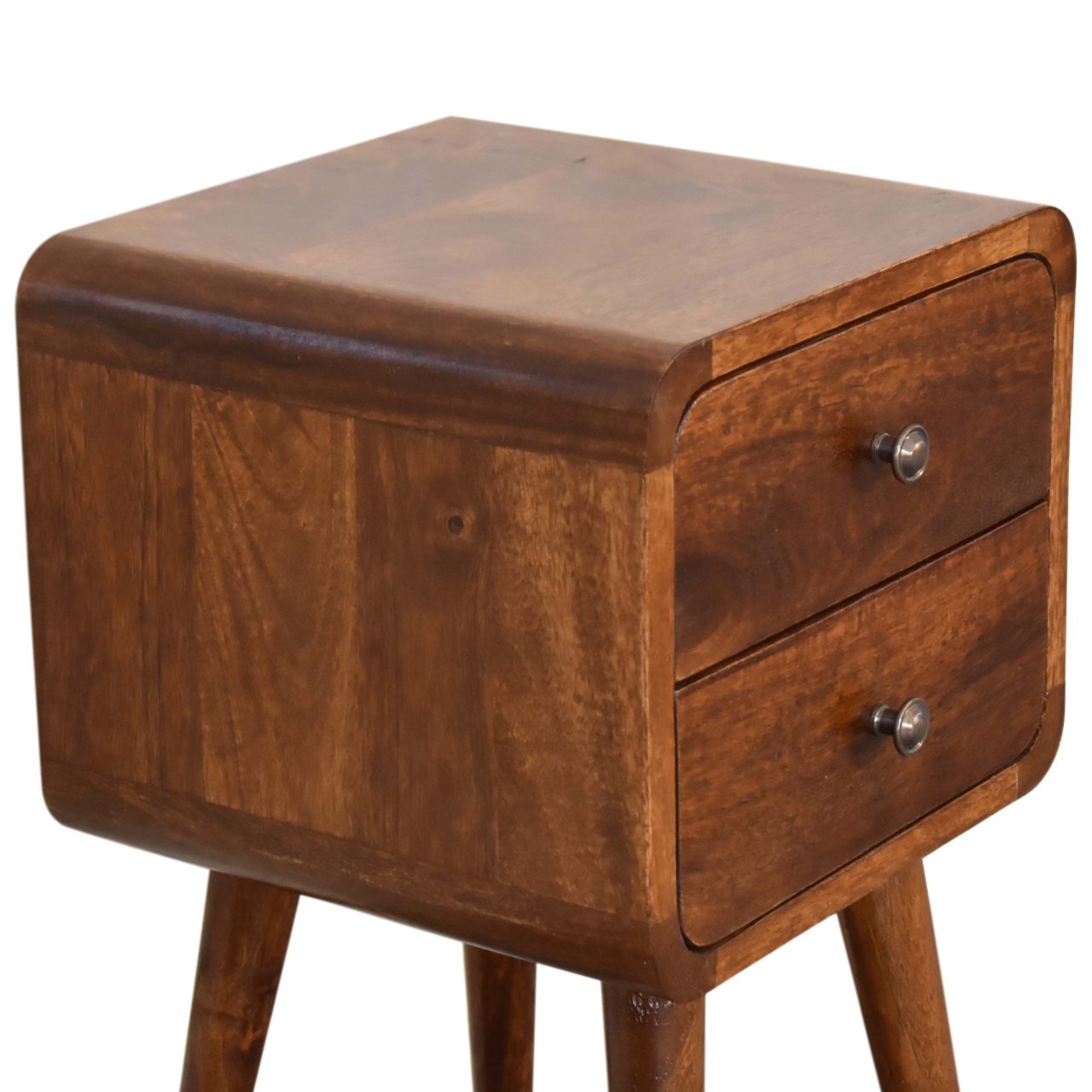 Mini Chestnut Curved Bedside, 2 Drawers, Solid Wood Dark Brown