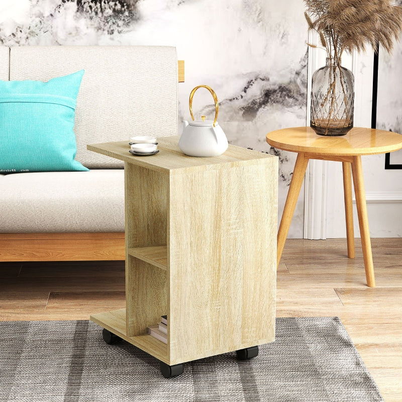 C-Shape End Table 2 Shelves 4 Wheels Storage Unit Natural