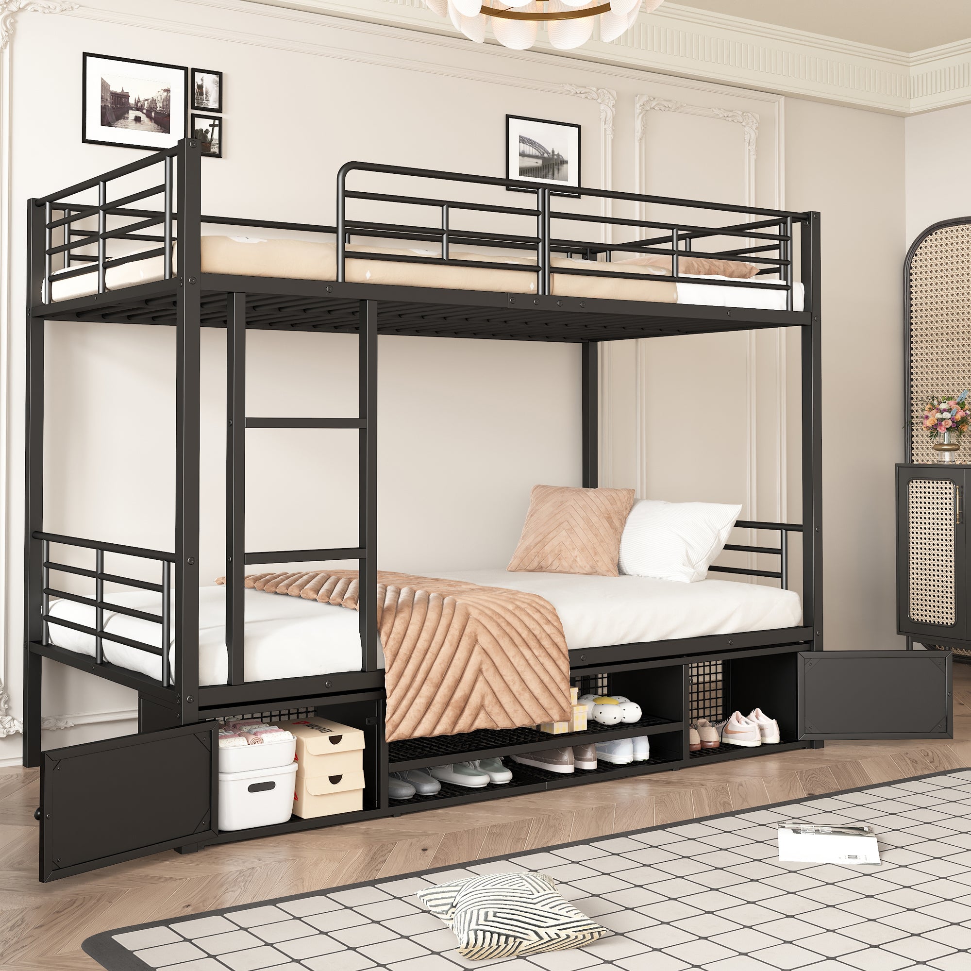 Iron Frame Bunk Bed with Storage, Ladder, and Safety Rail, 90x200cm, Black Iron
