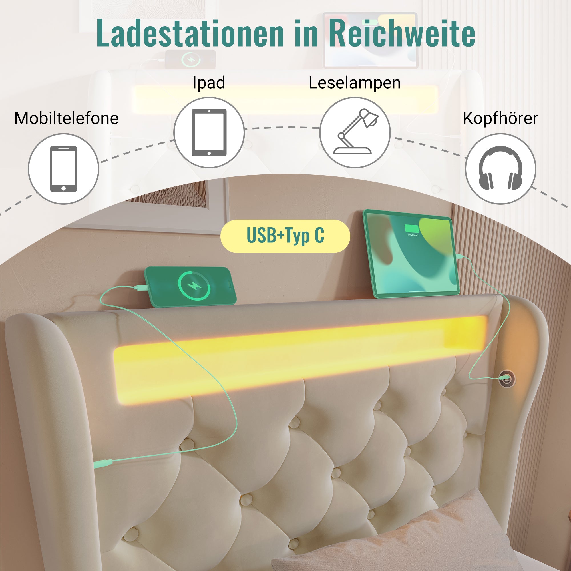 Upholstered Single Bed 90x200cm LED Headboard USB Type-C Hydraulic Storage, Beige Velvet