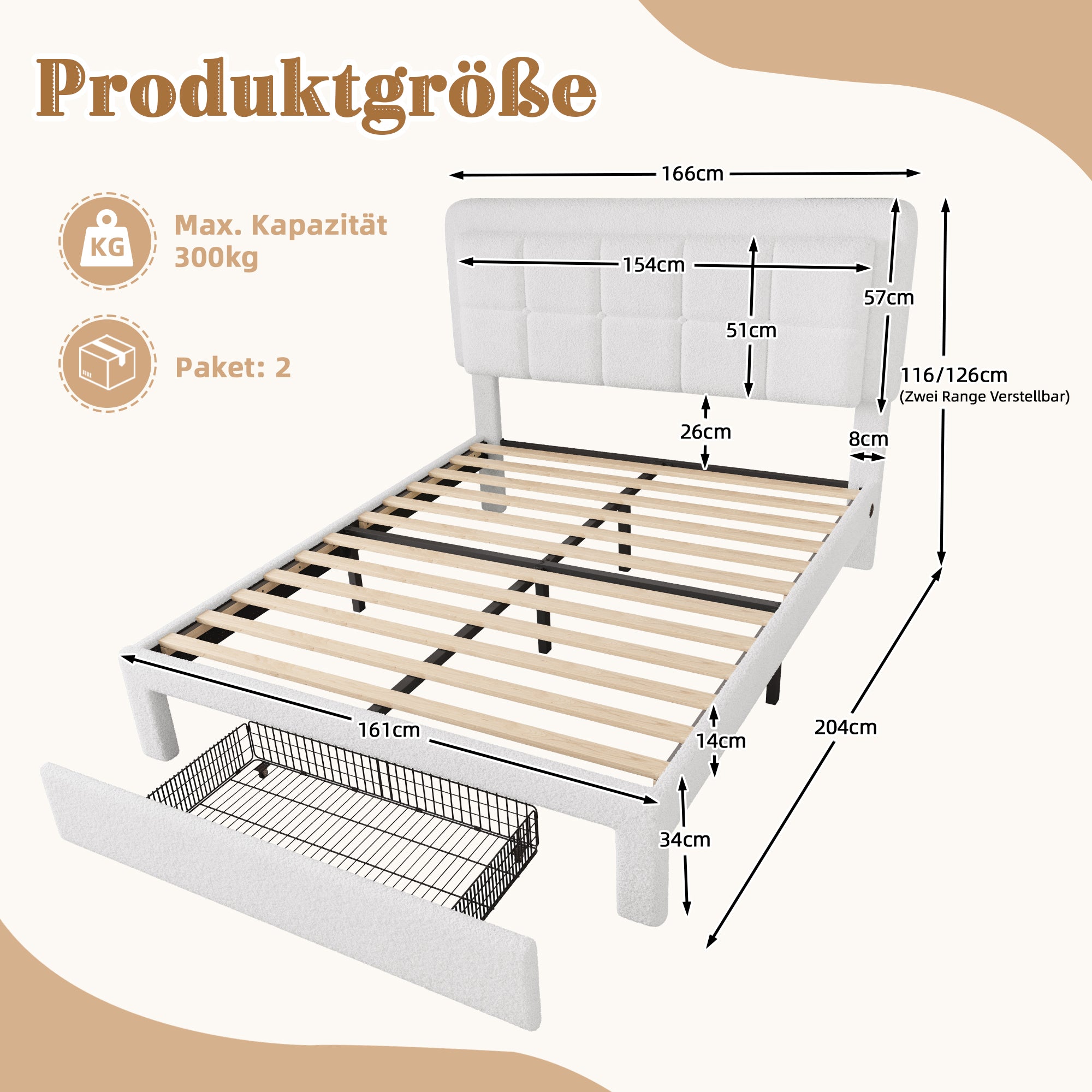 Bed Frame, Adjustable Headboard, Mood Light, USB Port, Teddy Velvet