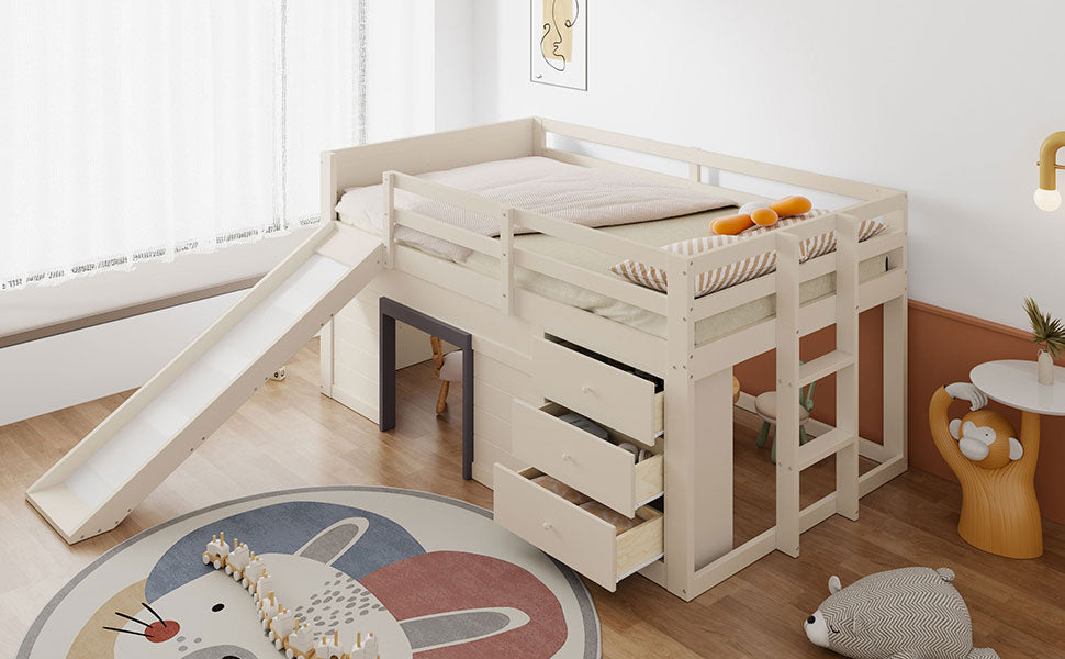 140 x 200 Low Loft Bed with Slide, Three Drawers and Two Doors, Cream
