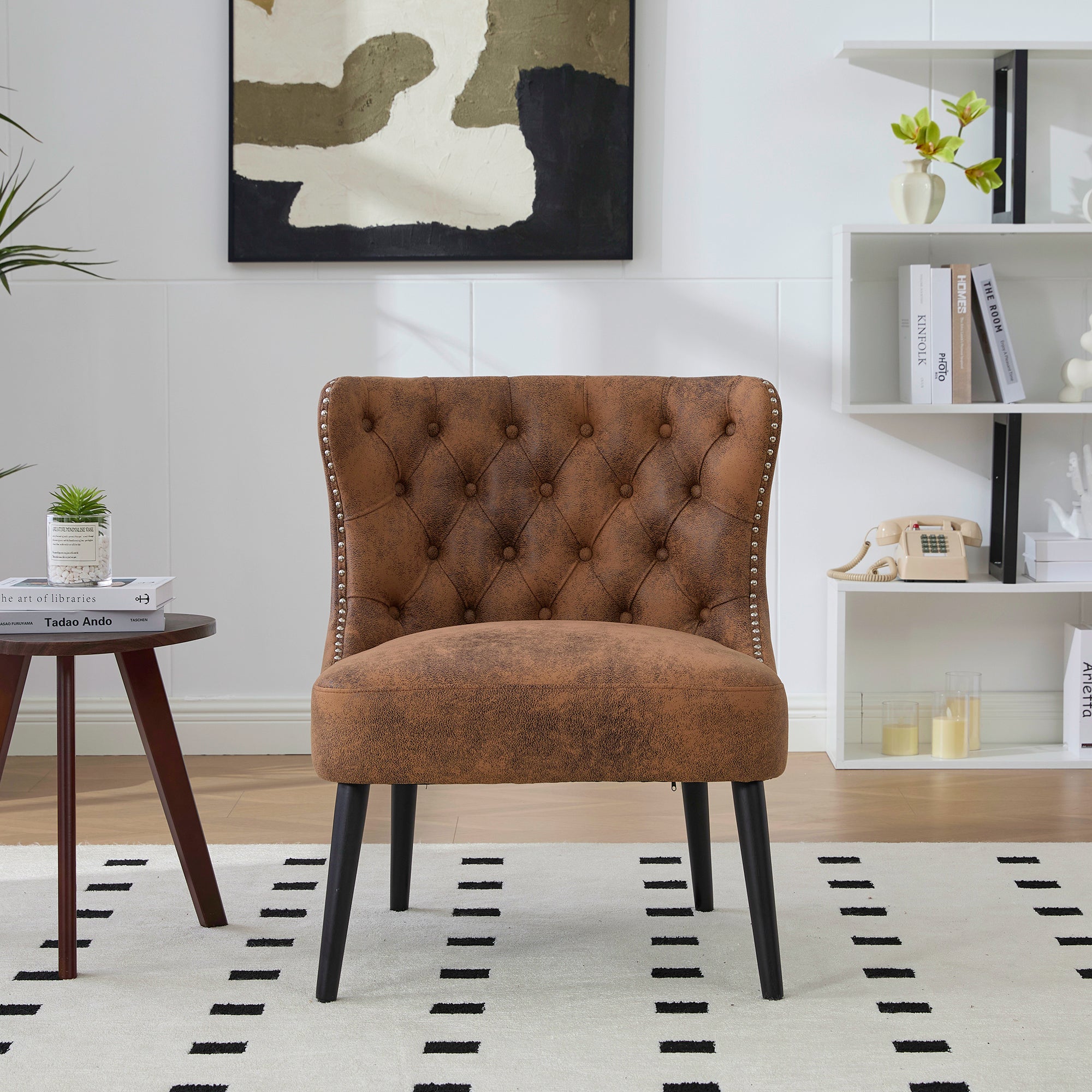 Single Sofa Chair Button Tuft Armless Rivet Trim Solid Wood Legs, Tech Fabric