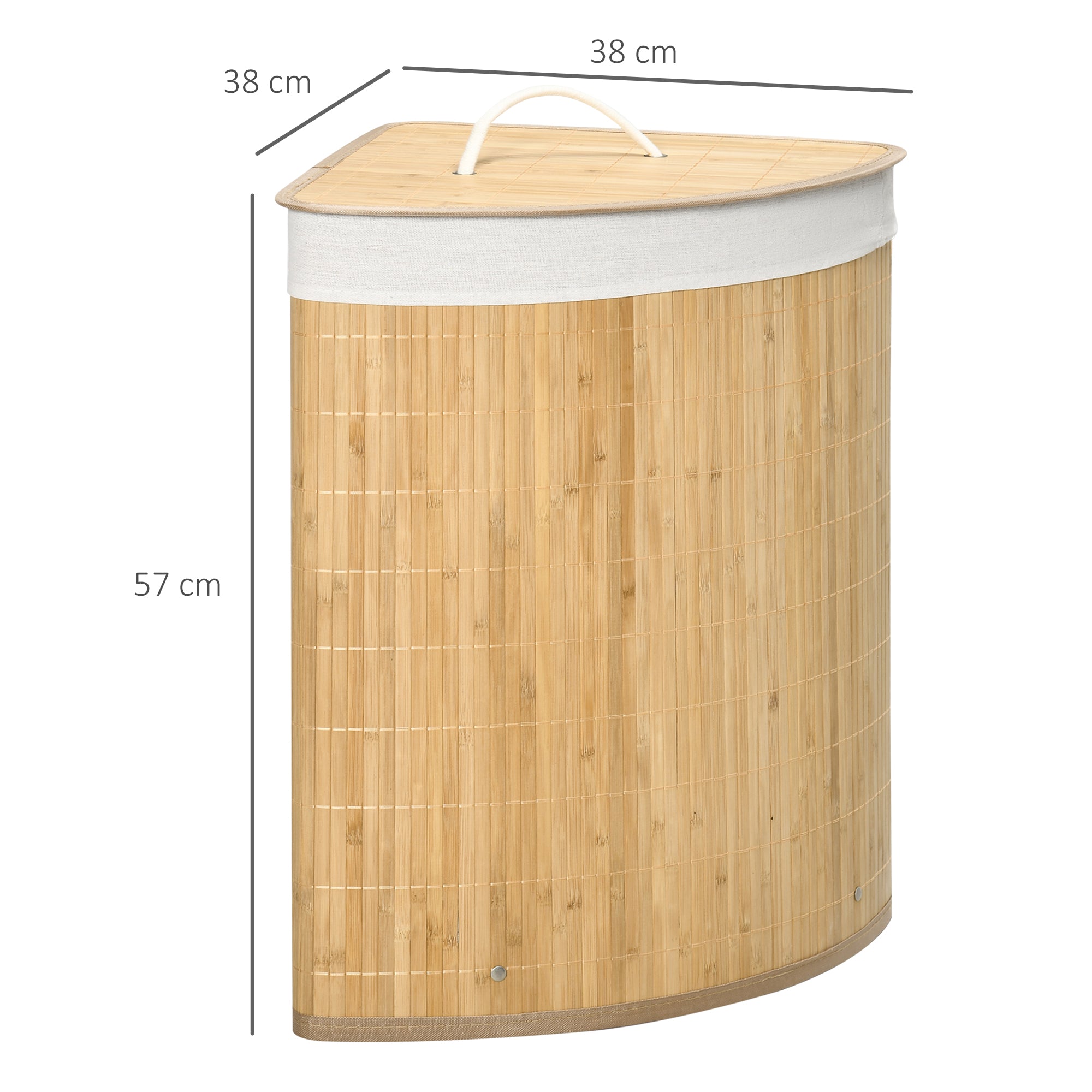 Bamboo Laundry Basket, Corner 55L with Lid, Natural Wood and White