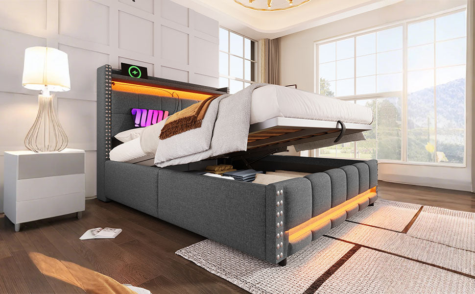 Upholstered Bed 160*200cm, LED & USB, Hydraulic Storage, Linen Fabric Gray