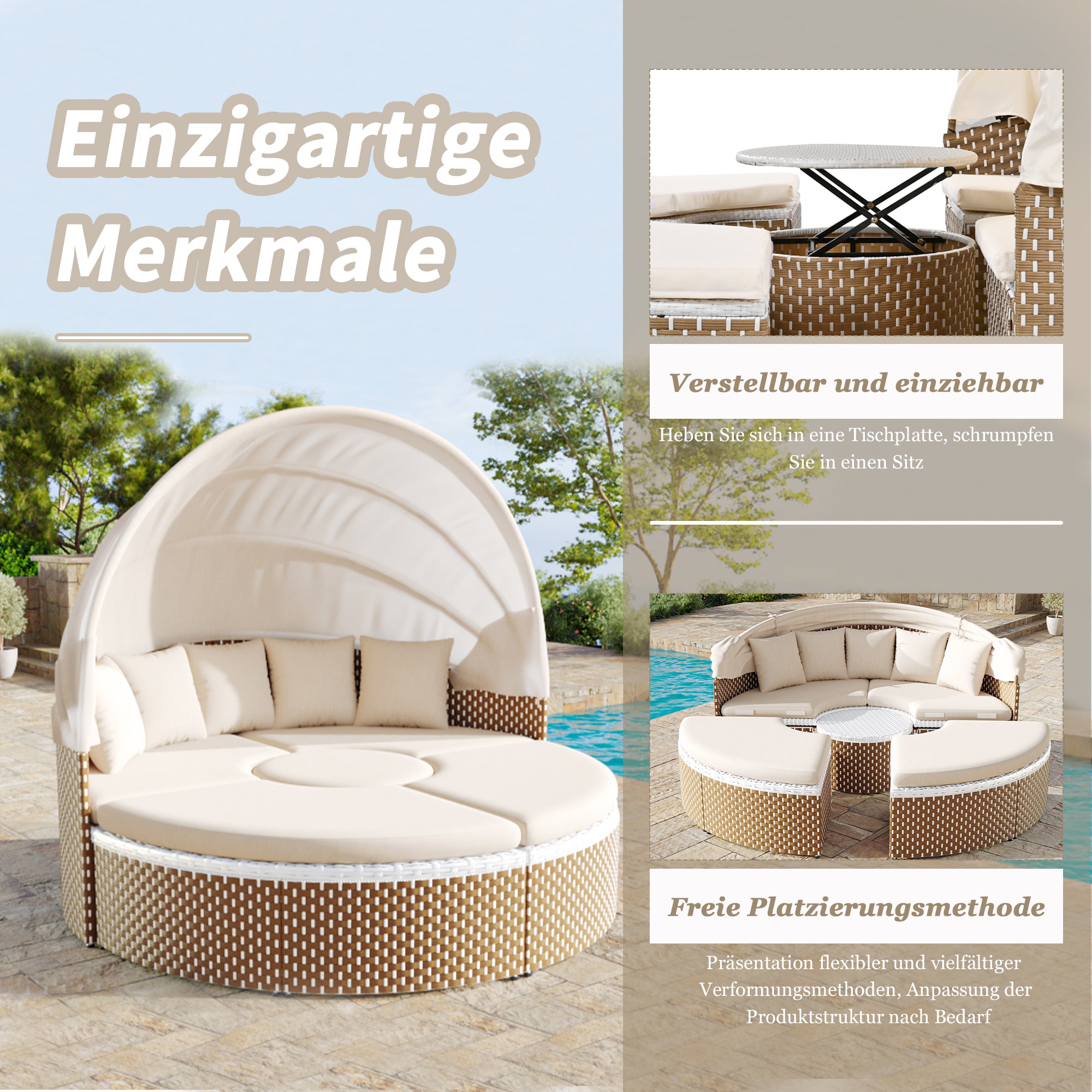 Sun Island Garden Lounge Set Rattan Extendable Canopy Liftable Table Beige