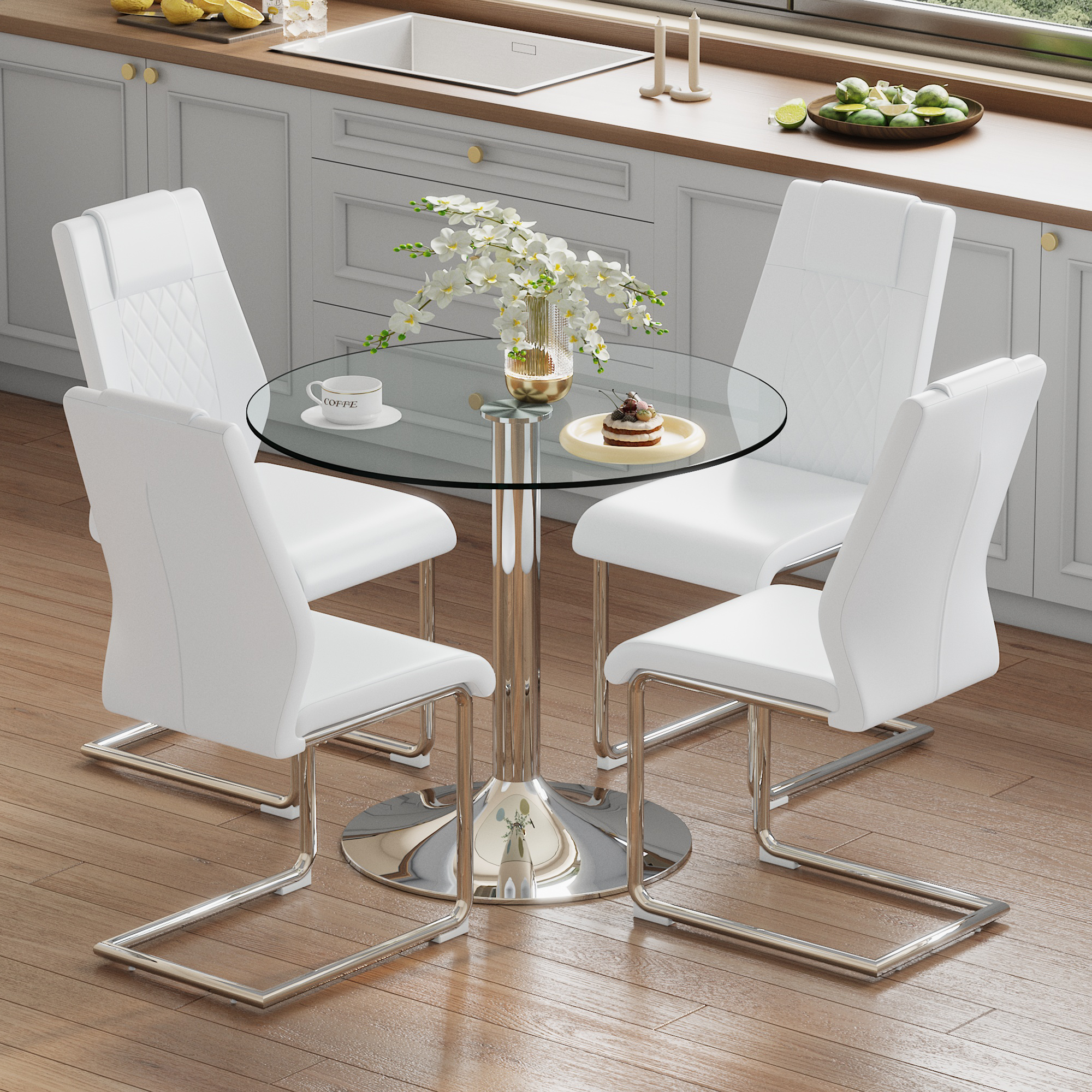 Dining Table Set, Modern Minimalist Glass Table & 4 Chairs, White PU