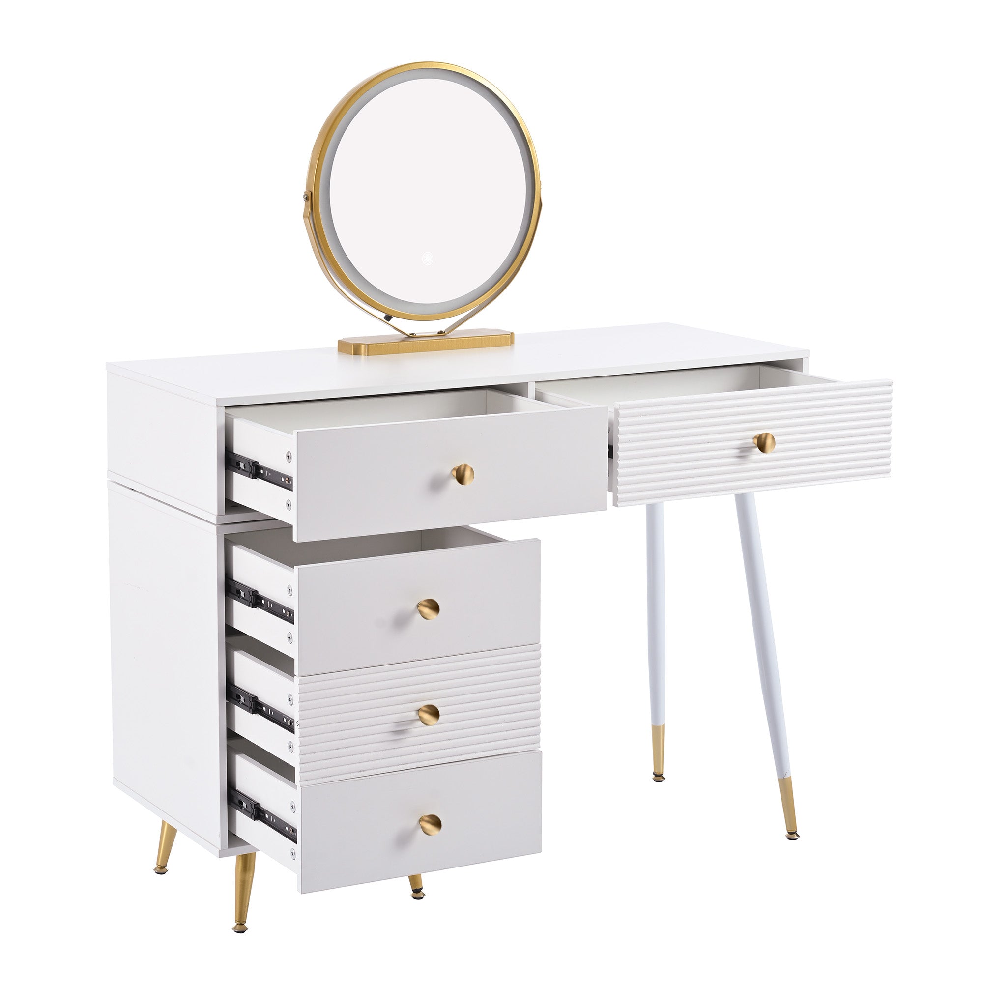 Vanity Table Set with LED Mirror, Adjustable Cabinet, Pull-Out Design, White MDF