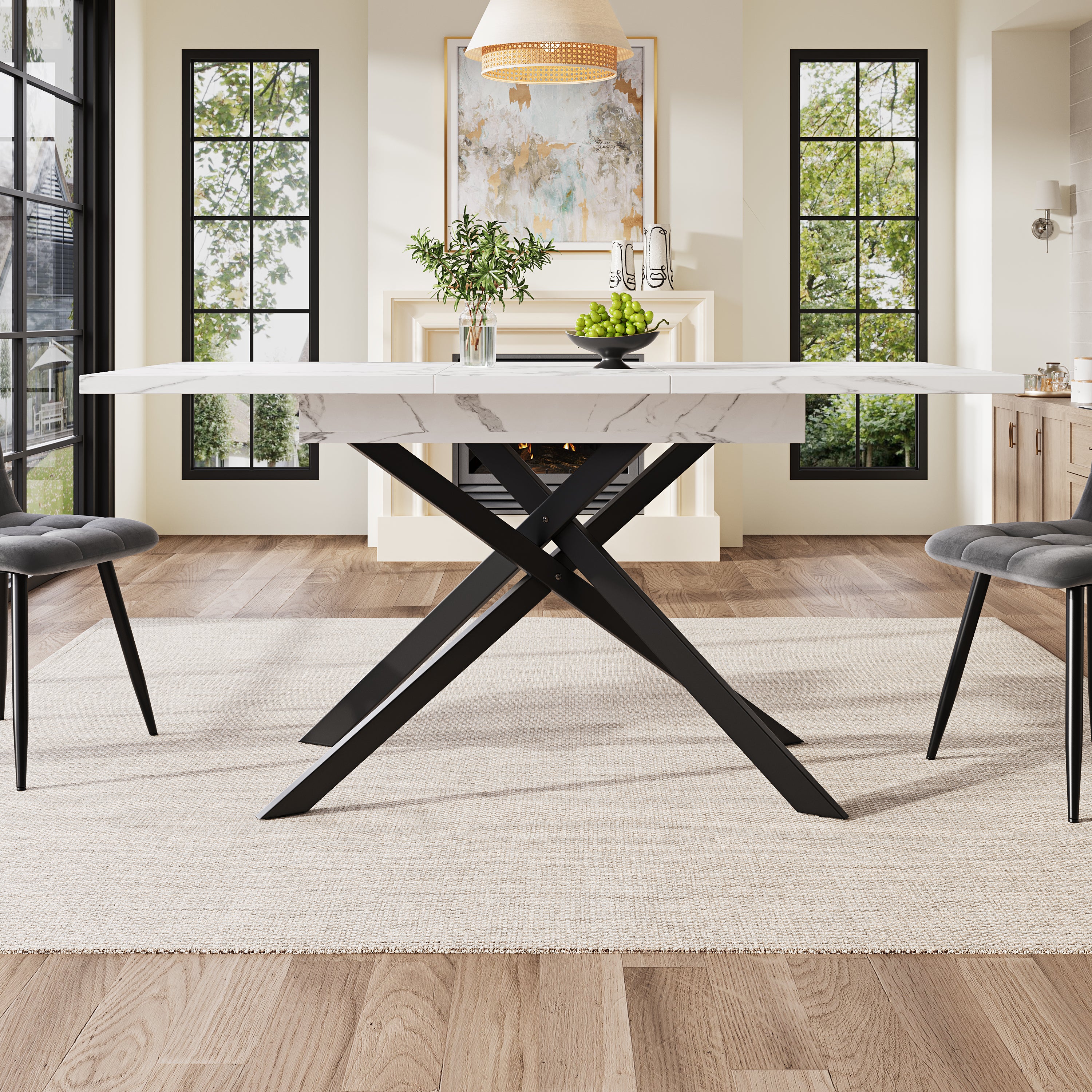 Telescopic Dining Table 120-160cm Extendable Black Crossed Legs - White Marble
