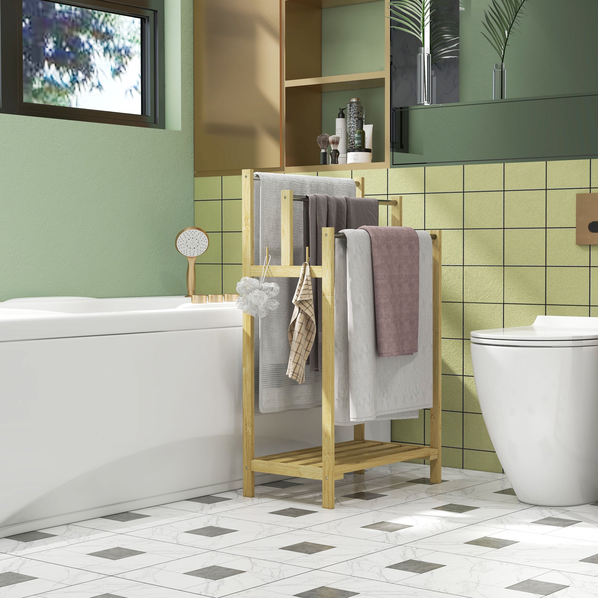 Freestanding Towel Rack Stand with 4 Hooks 3 Bars for Bathroom, Bamboo Natural