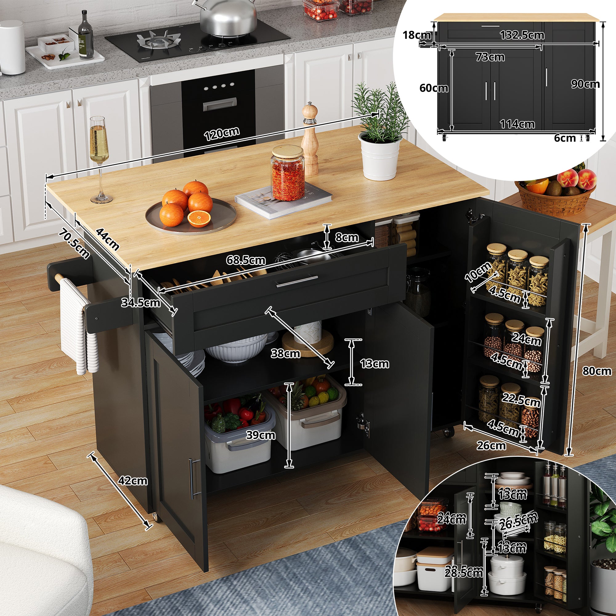 Mobile Kitchen Table Folding Worktop Cabinet Spice Rack 5 Casters - Oak Grain