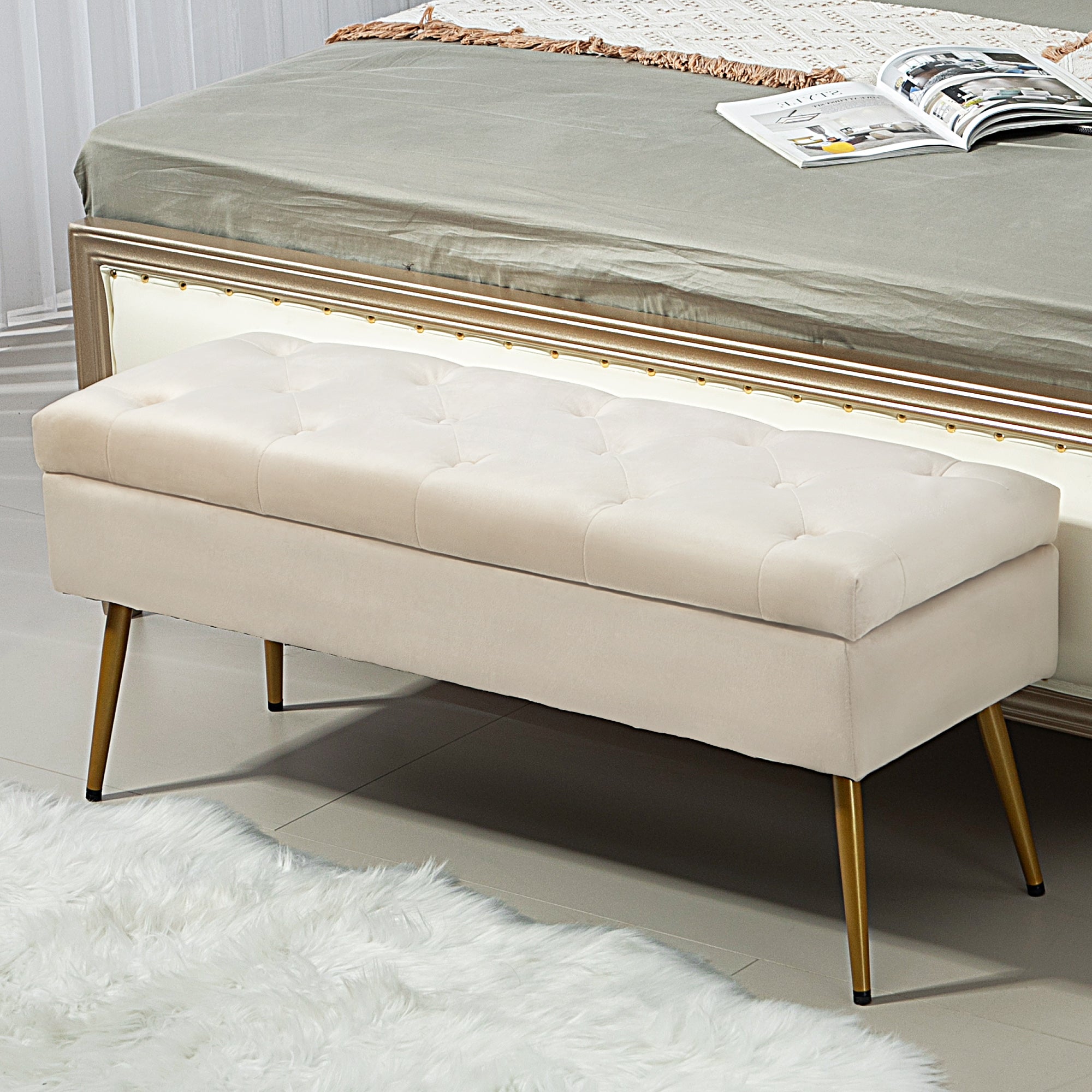 Bench with Storage, Upholstered Lid, Metal Frame, Beige