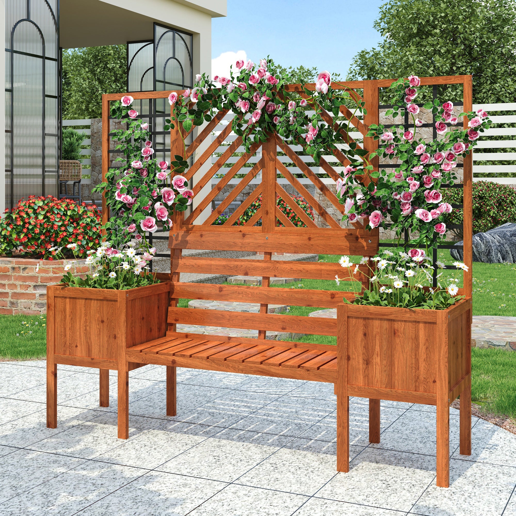 Plant pot, planter with trellis, flower box, brown solid fir wood