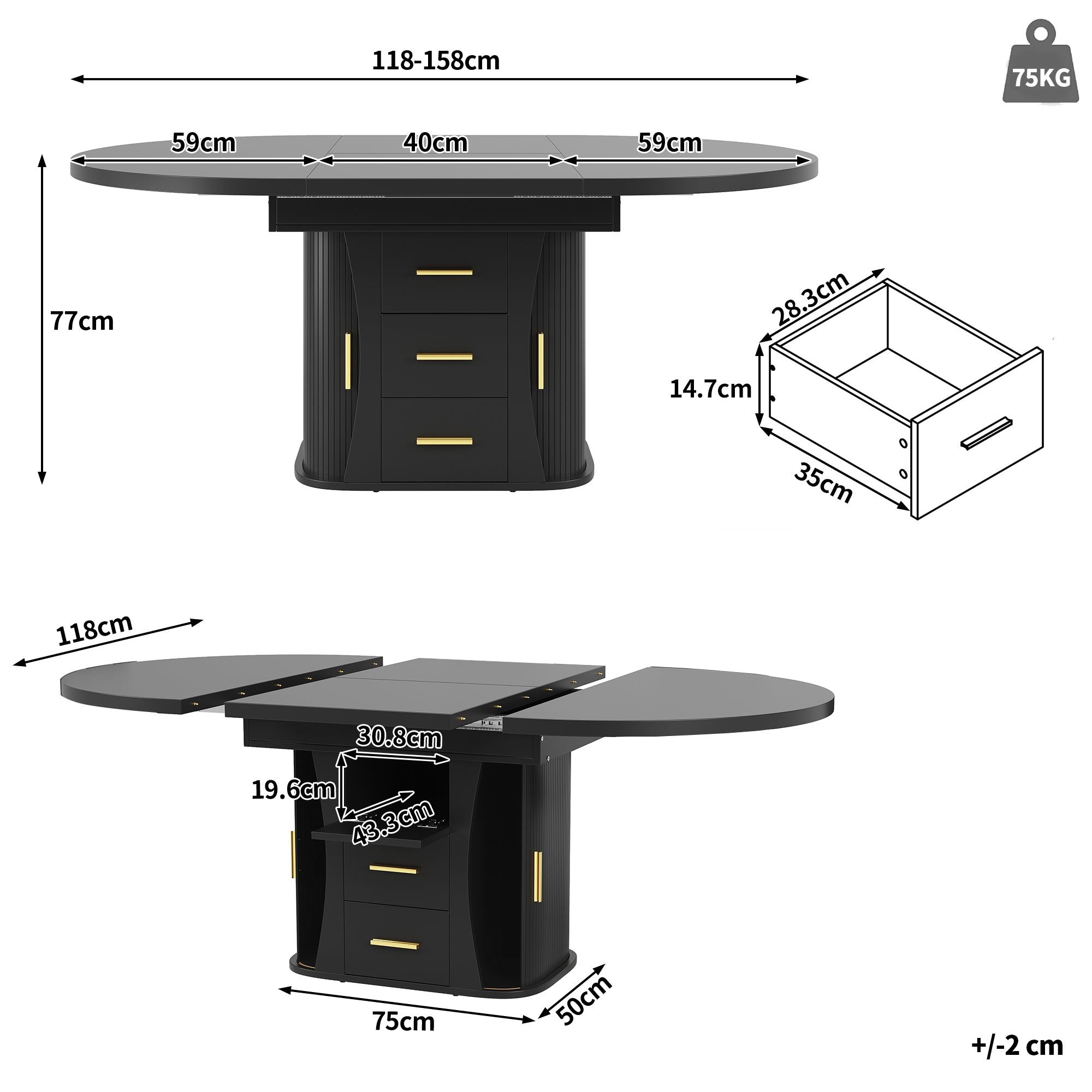 Extendable Round Dining Table, Seats 6 People with Three-tier Storage, Black