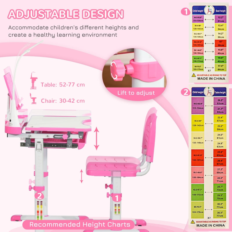 Kids Study Desk and Chair Set, Adjustable Height Storage Drawer, Pink