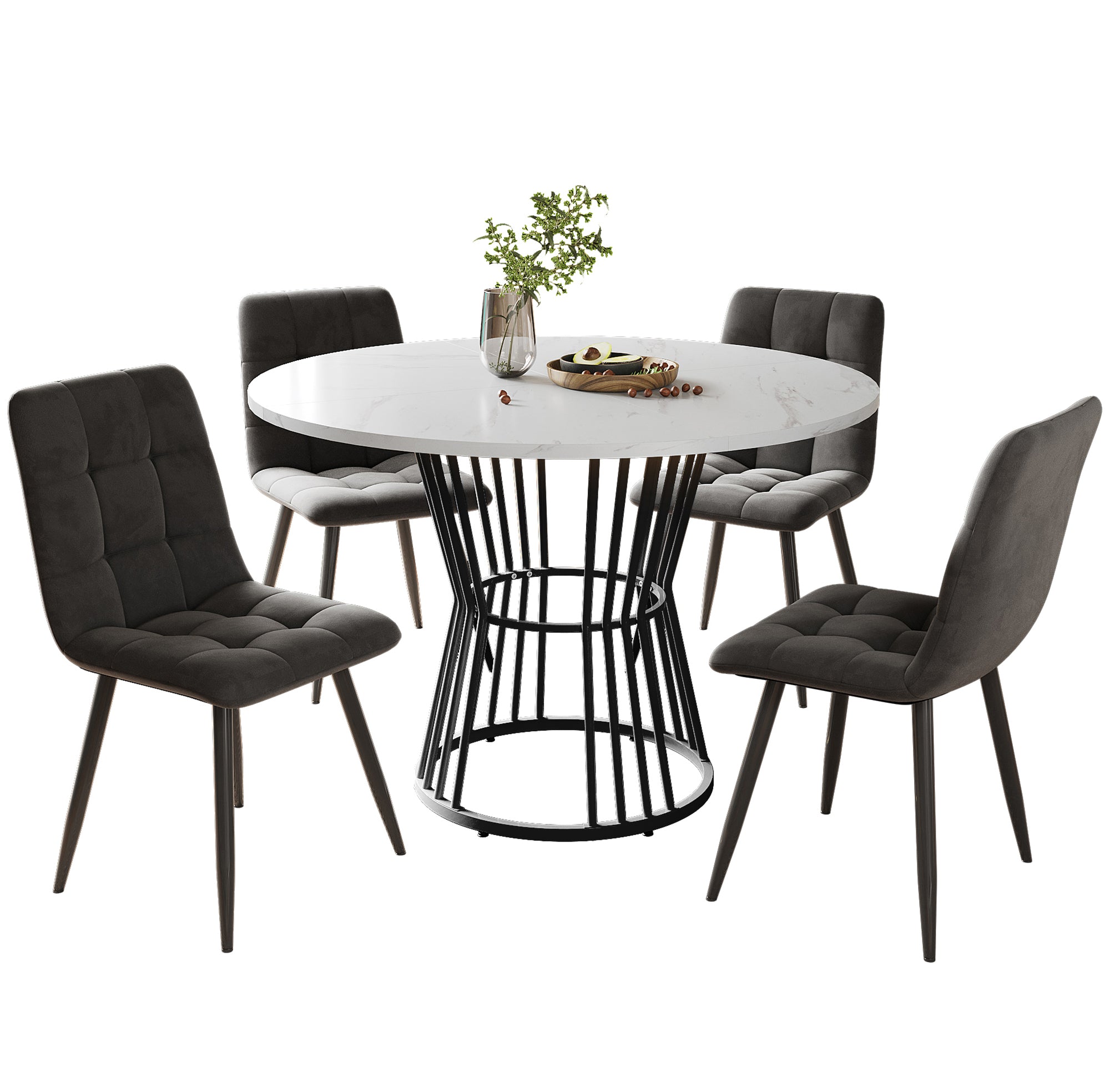 Dining Table Set 5-Piece Round 100cm Black Metal White MDF Dark Grey Velvet