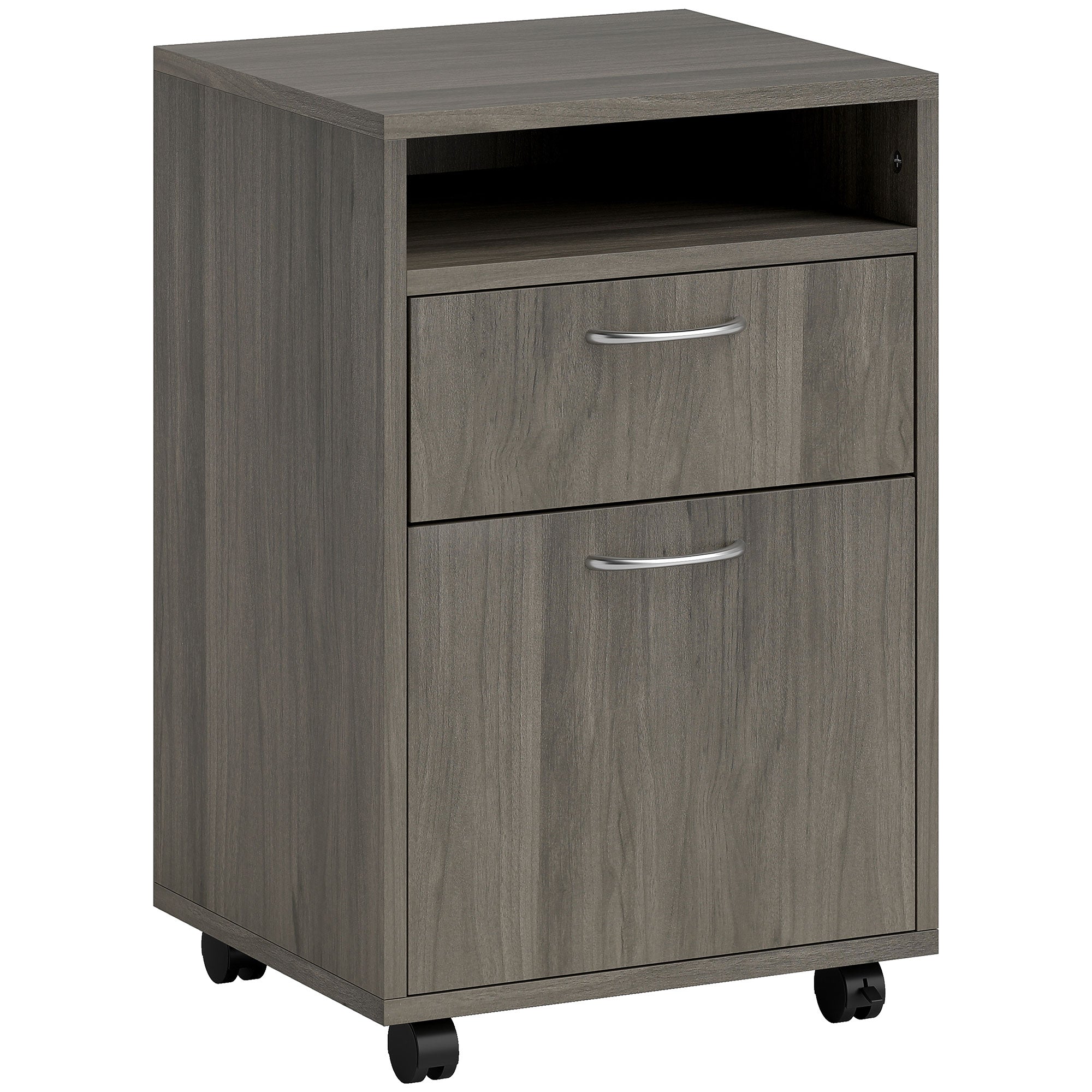 Filing Cabinet 60cm Drawer Open Shelf Mobile Wheels Metal Handles Grey