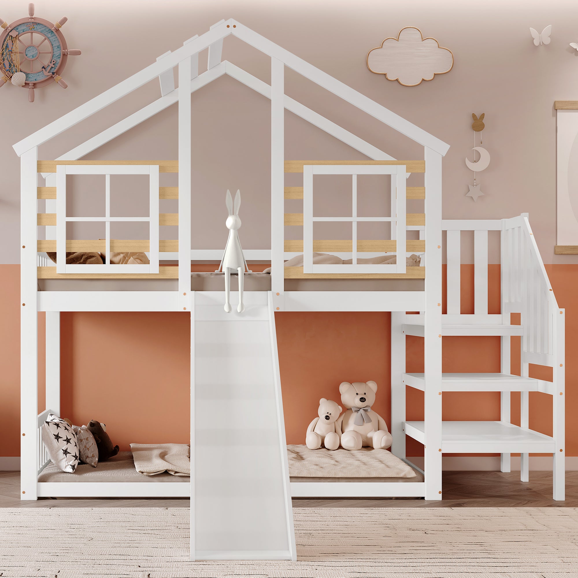 Bunk Bed, Wooden with Stairs, Slide & Window, Solid Wood, White