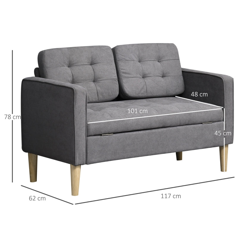 Modern 2 Seater Sofa with Hidden Storage & Wood Legs, Tufted Cotton Grey