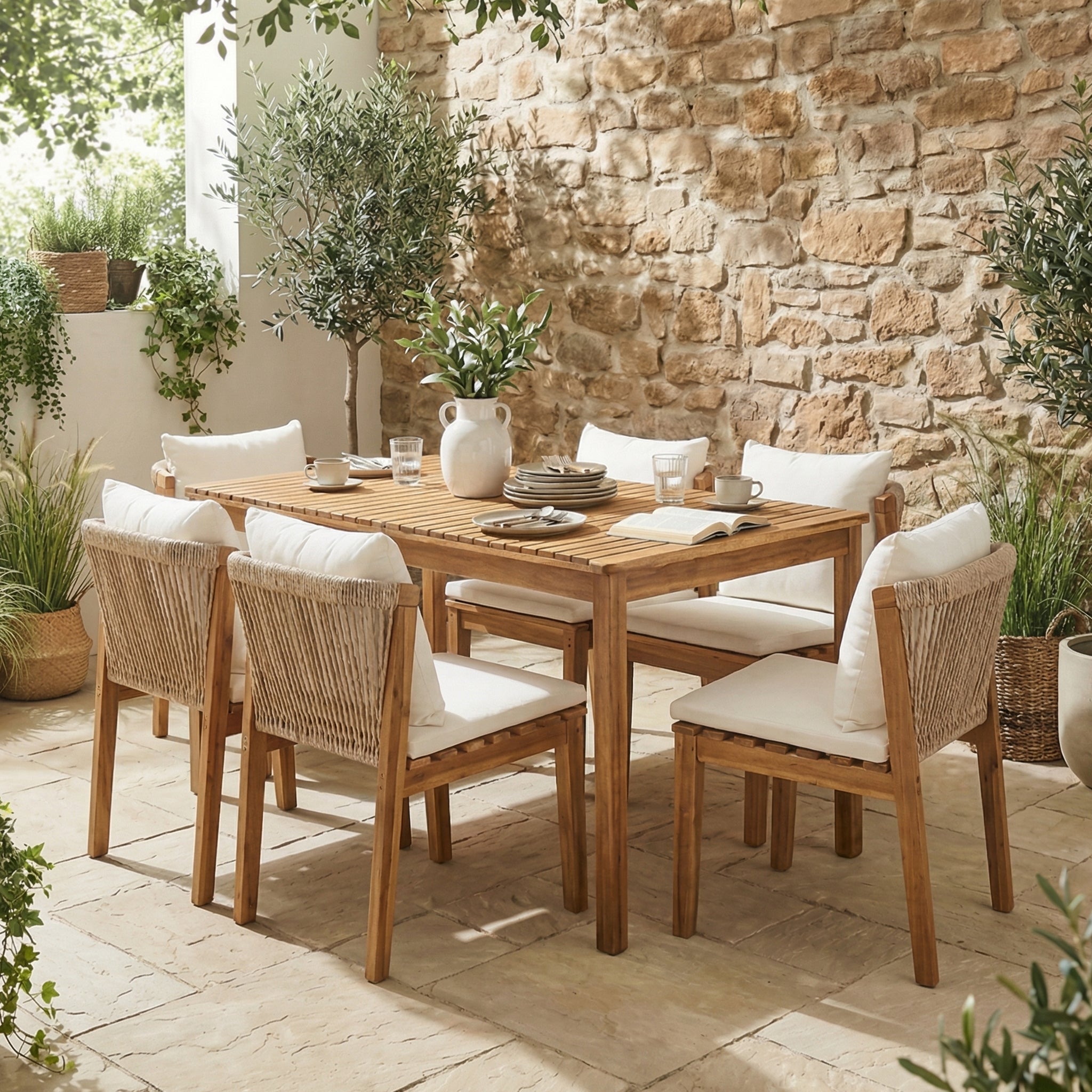 Garden Dining Set with 1 Table and 6 Chairs, Solid Wood and Beige