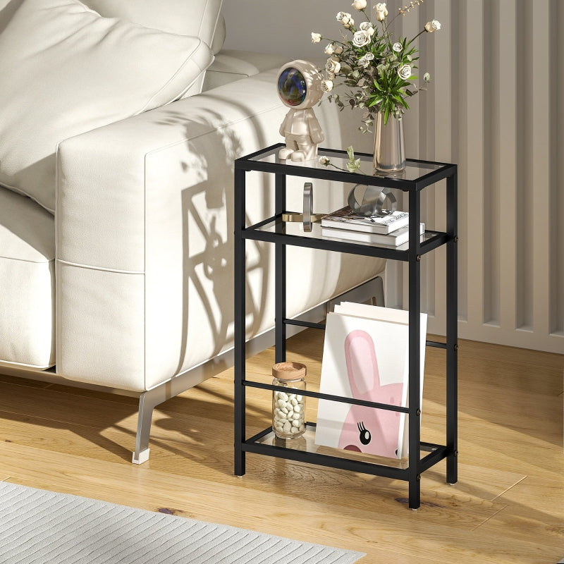 Side Table, 3 Levels Tempered Glass with Steel Frame, Black