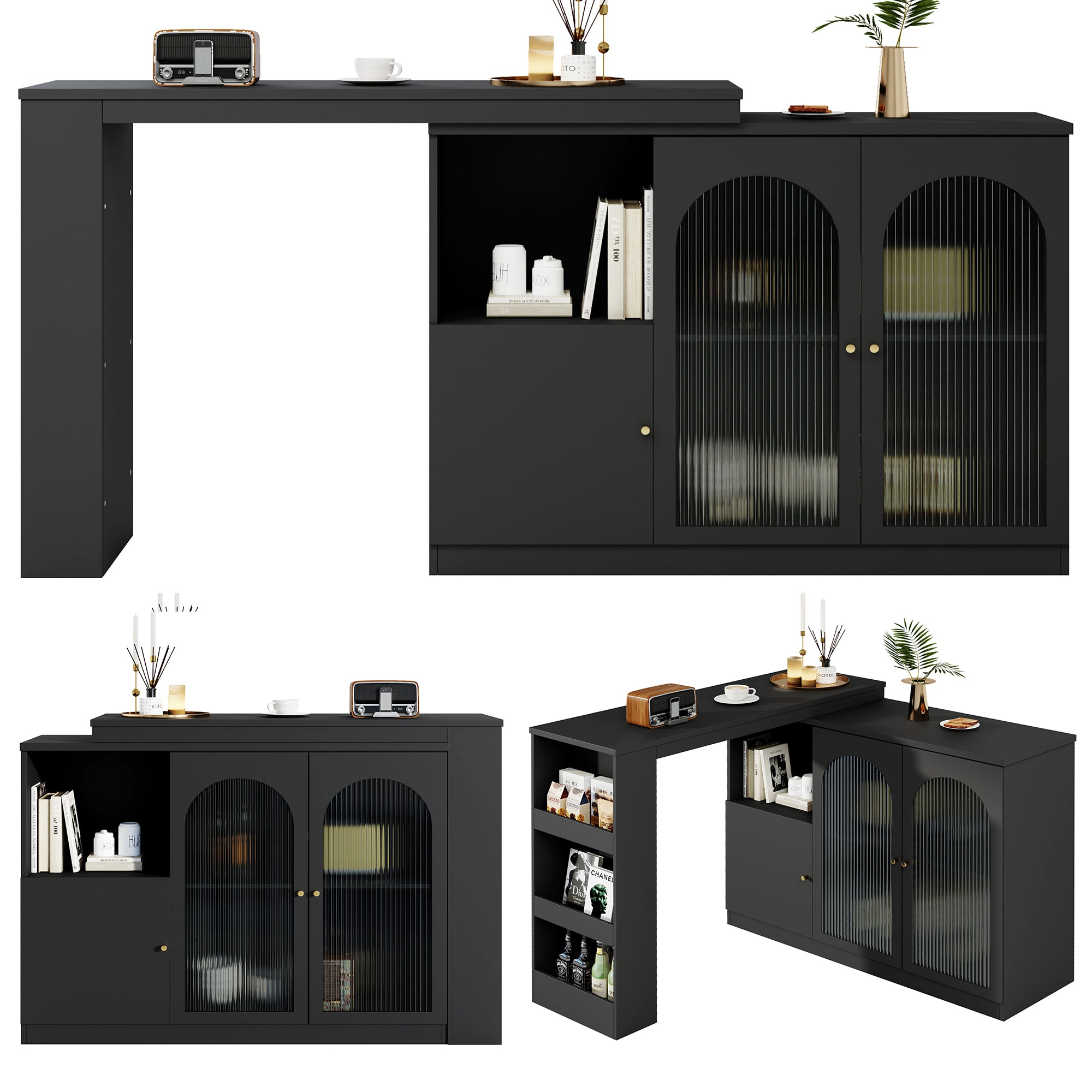 Bar Table, 360° Rotating Dining & Storage with Glass Door, Black