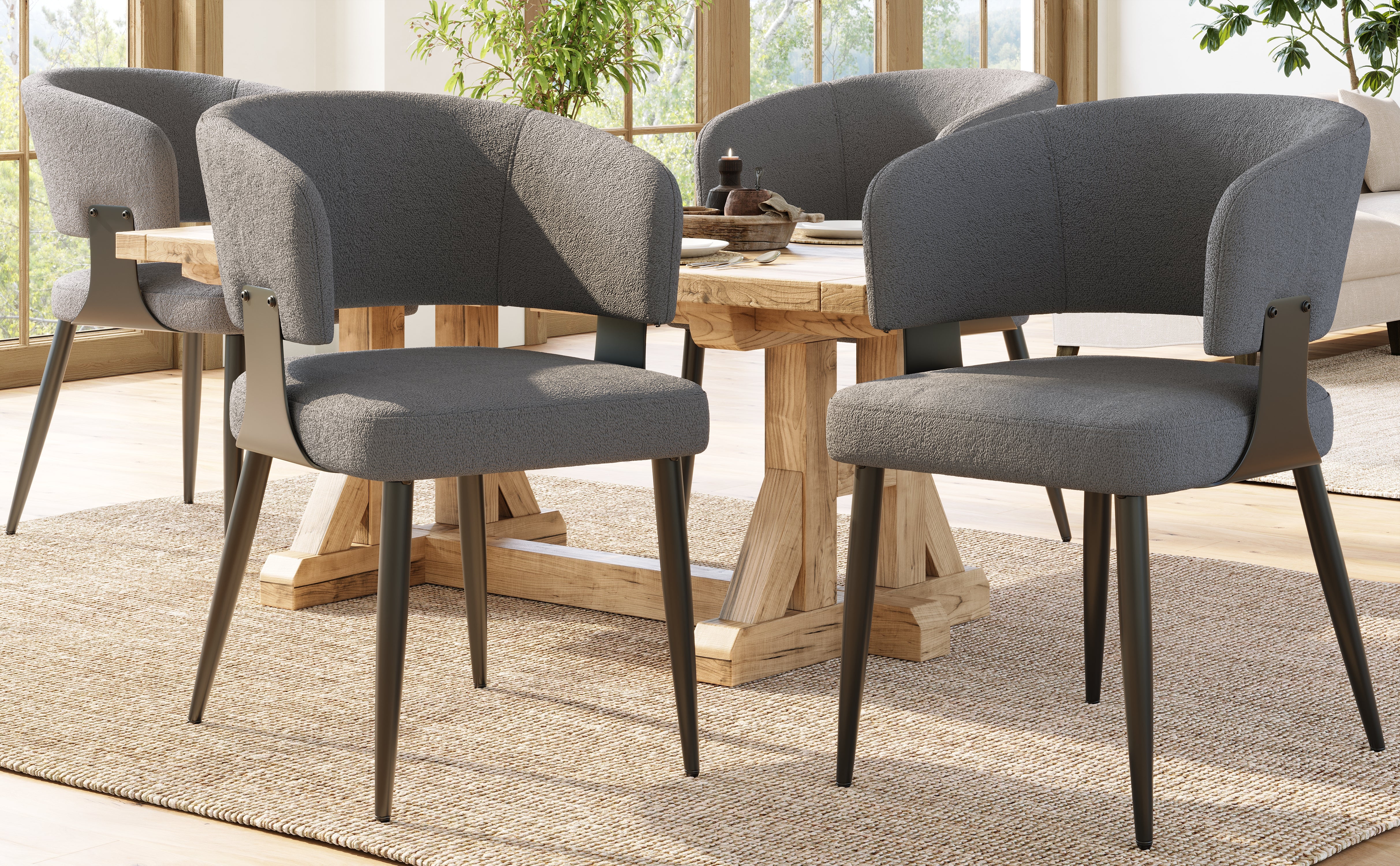 Ergonomic Dining Chair Set of 4 with Curved Backrest, Flannel Beige/Grey