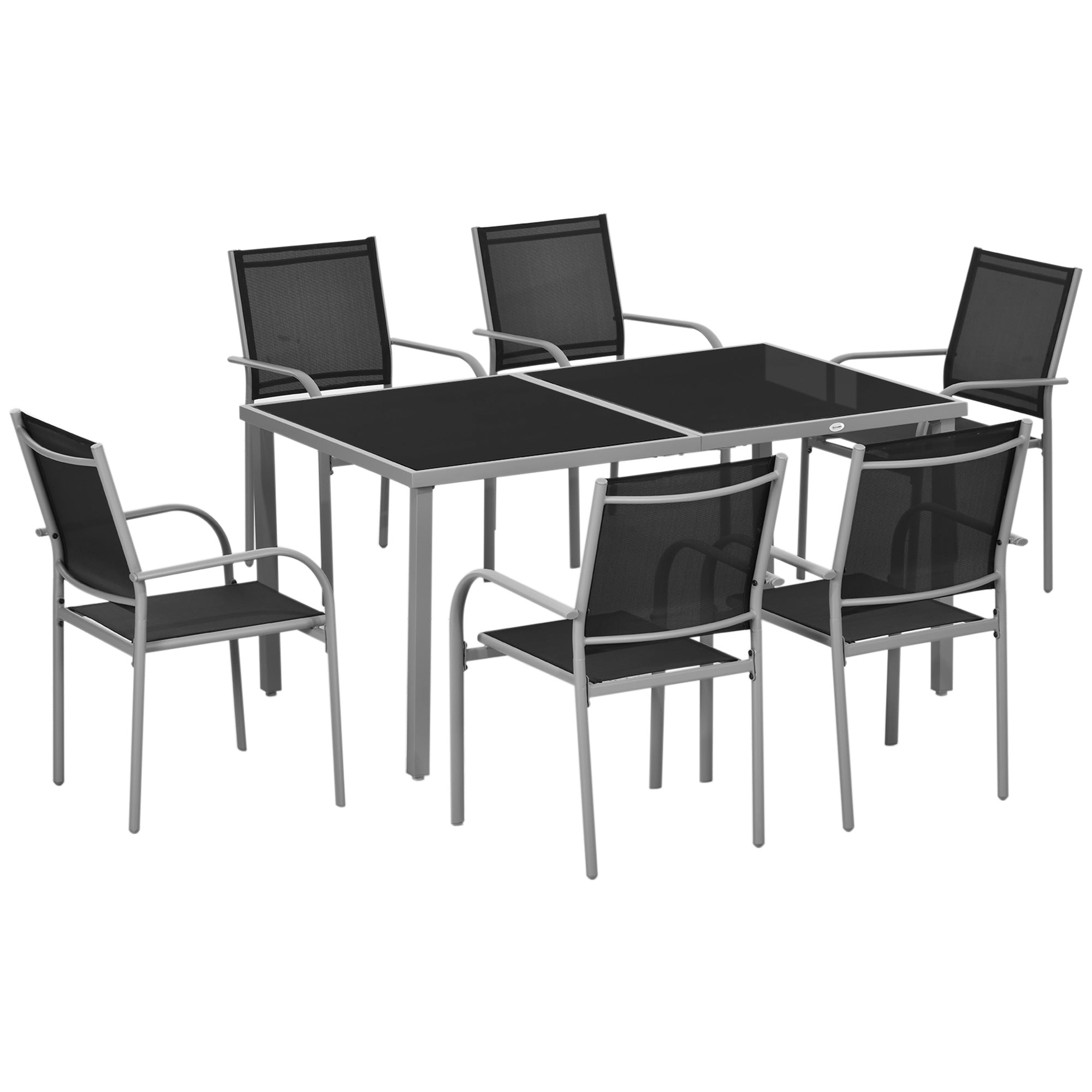 7 Piece Outdoor Garden Dining Set with Table & 6 Stackable Chairs, Steel Frame & Black Glass