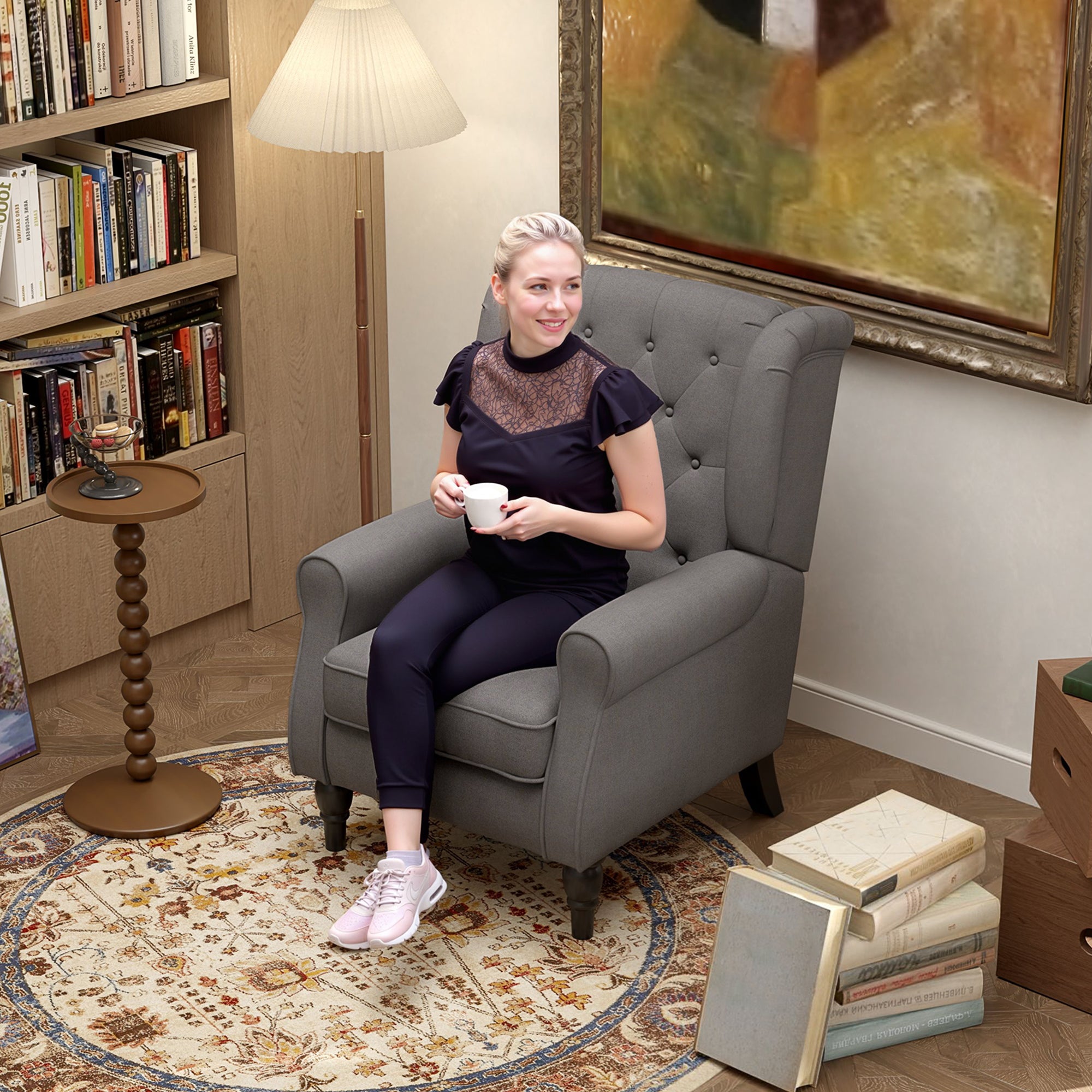 Single Armchair, Wingback Chair, Tufted, Dark Grey Polyester