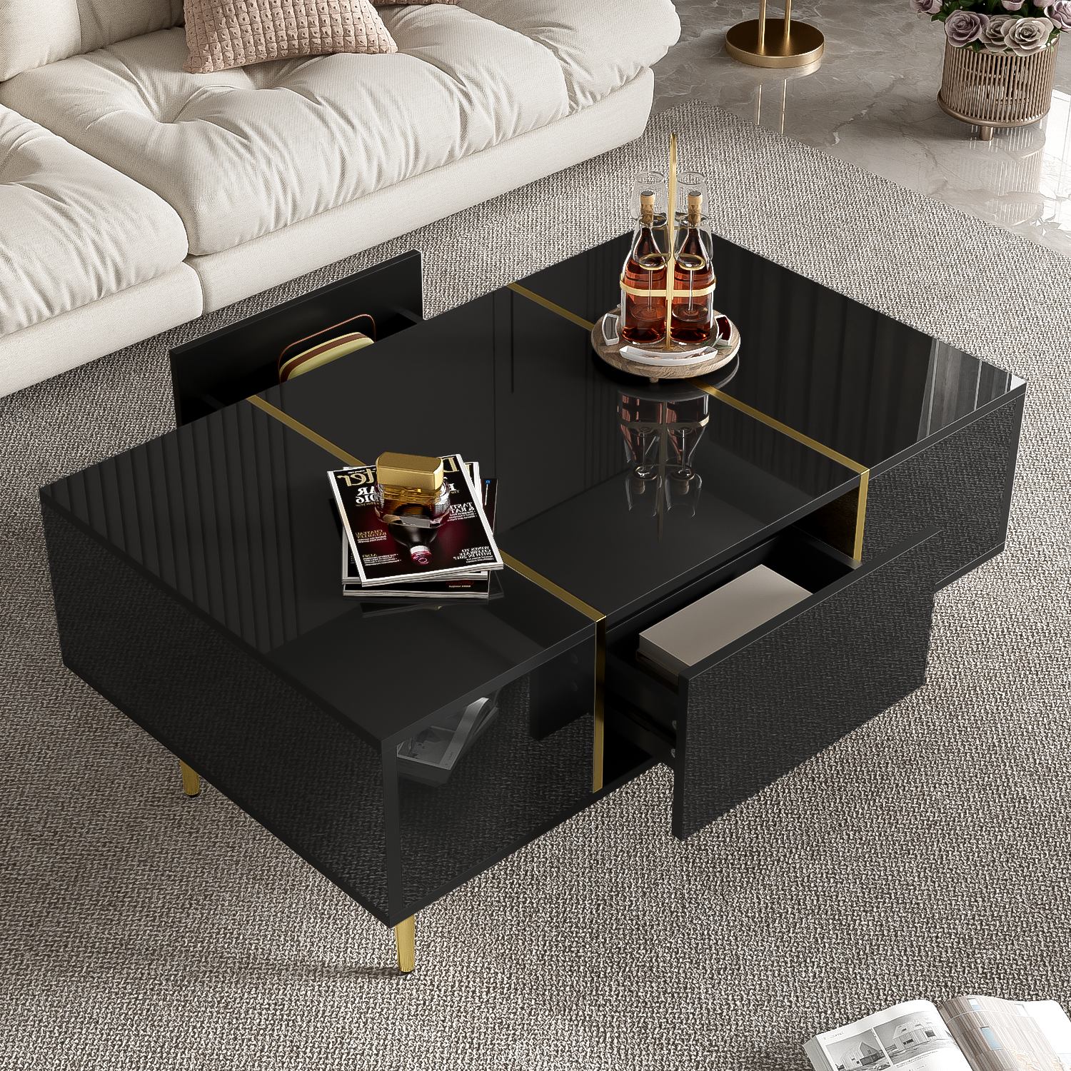 Modern Coffee Table, High Gloss with 2 Drawers, Black