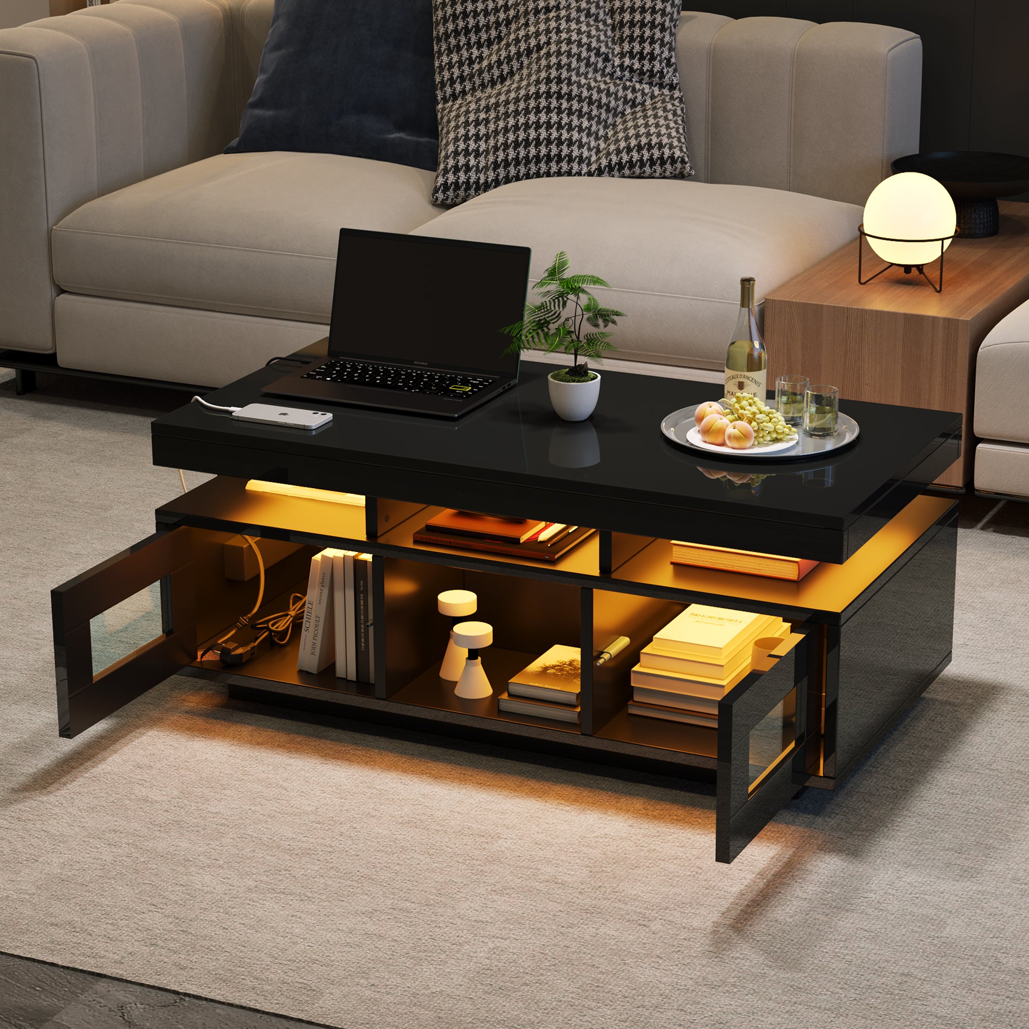 Coffee Table 100x50x43cm High-Gloss LED Lights Charging Port Black