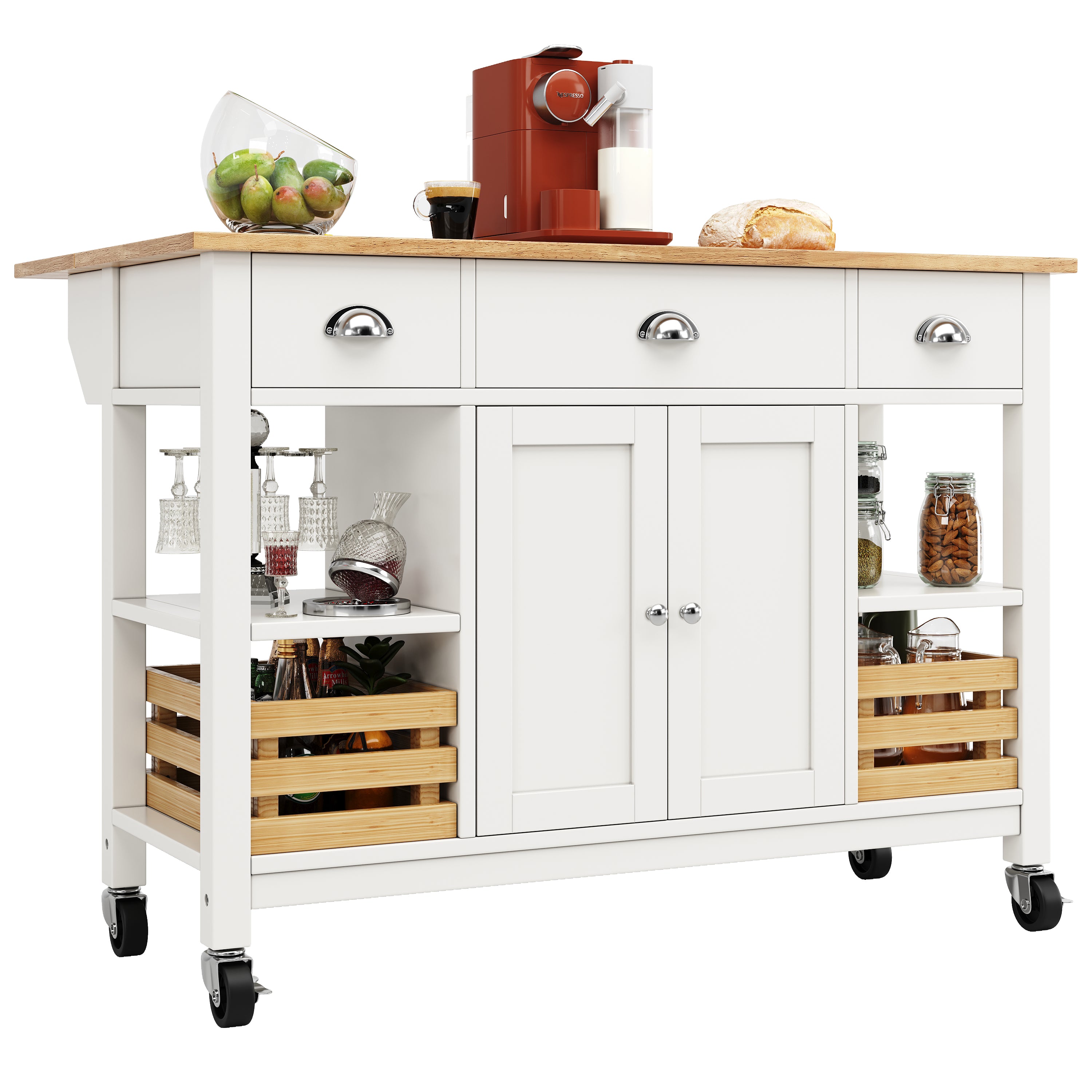 Kitchen Island Multifunctional Dining Table Trolley Cabinet Pine Storage Basket 120x45x90cm - White