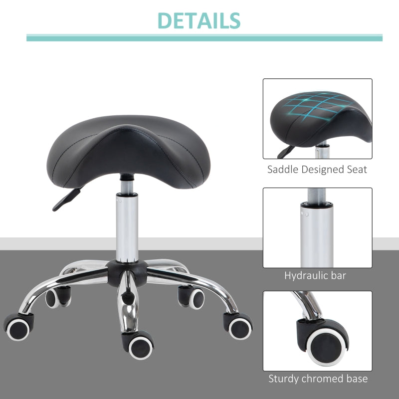 Cosmetic Stool 360° Rotate Hydraulic Height Adjustable Rolling Saddle Faux Leather, Black