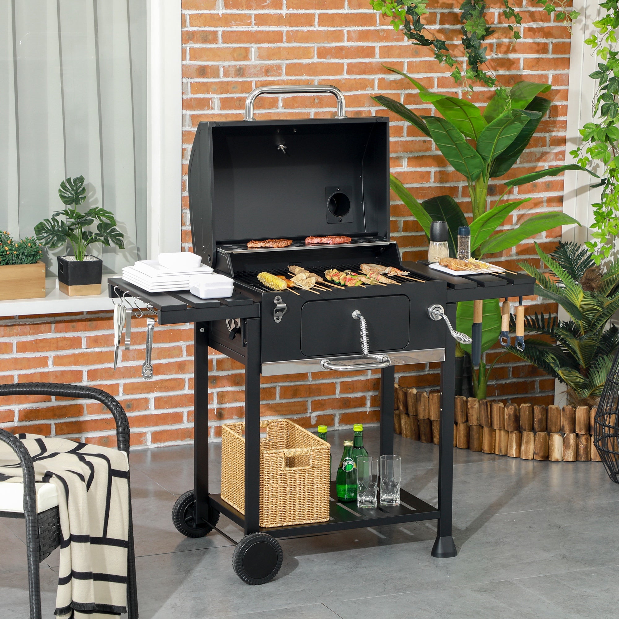 Adjustable Charcoal Pan BBQ with Thermometer and Warming Rack