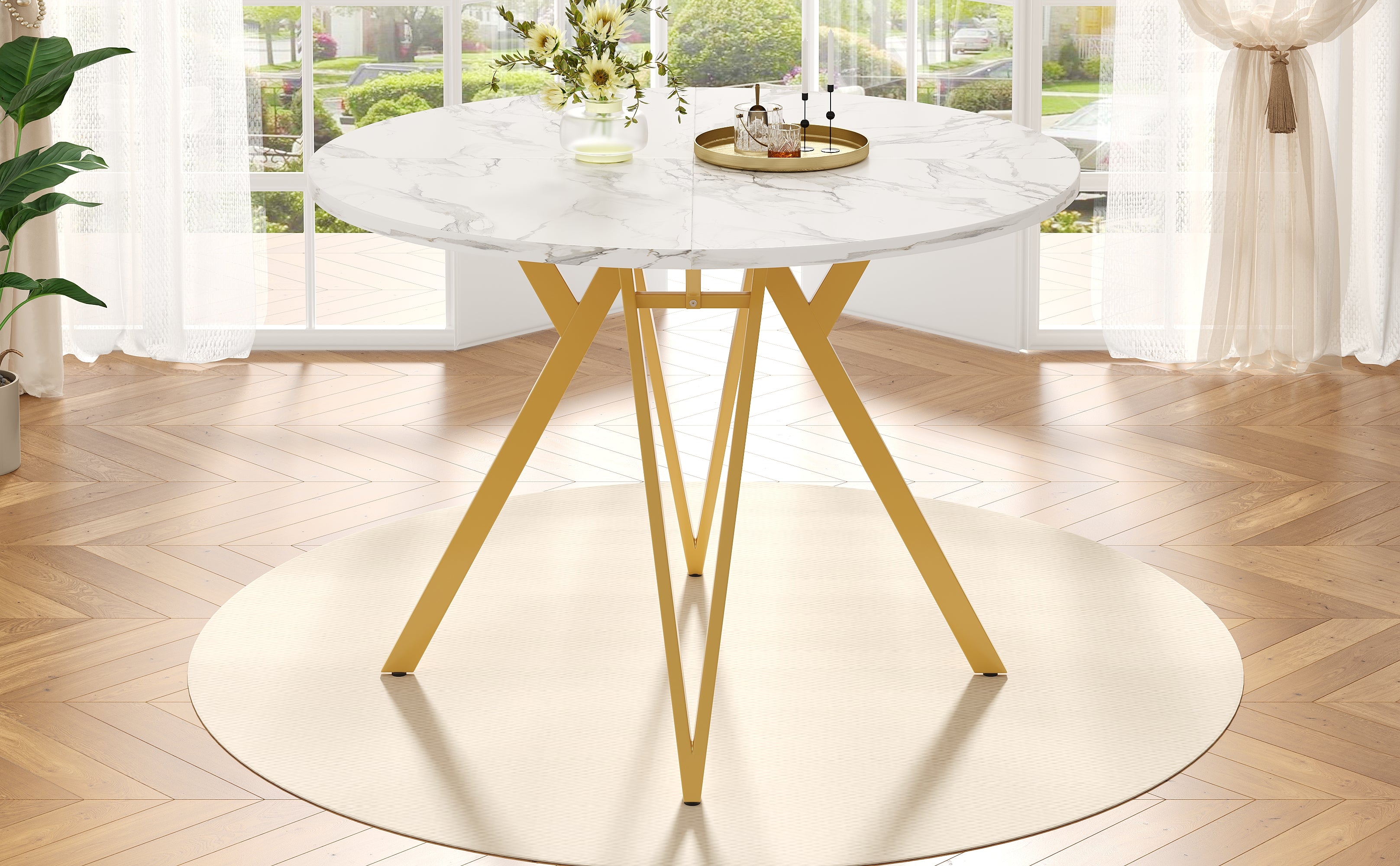 Round Dining Table, 100x100x76cm for 4 people, Metal & MDF Marble, Gold
