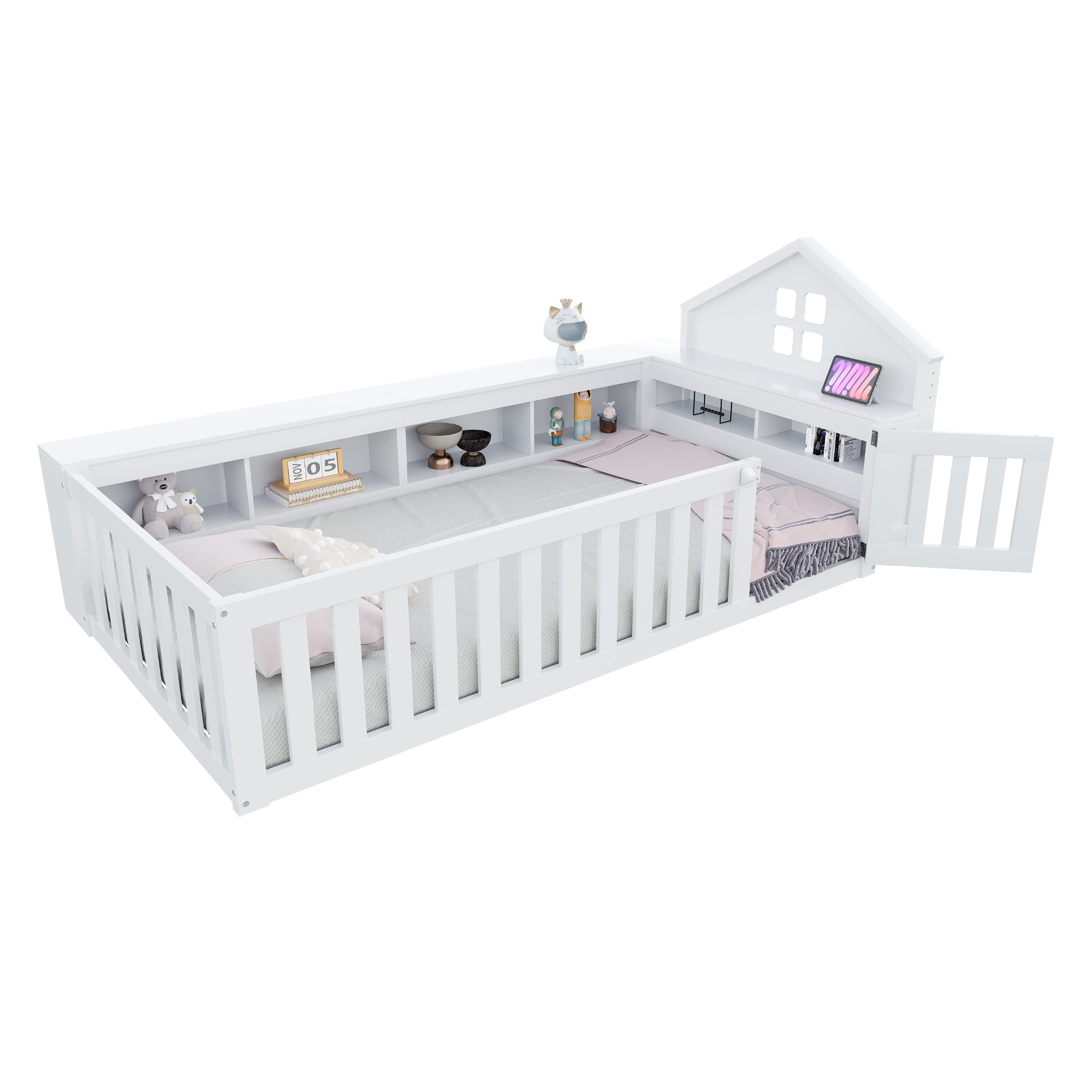 Children's Bed 90x200cm, Roof & Window, Storage, Safety Gate & Door, Solid Wood, White