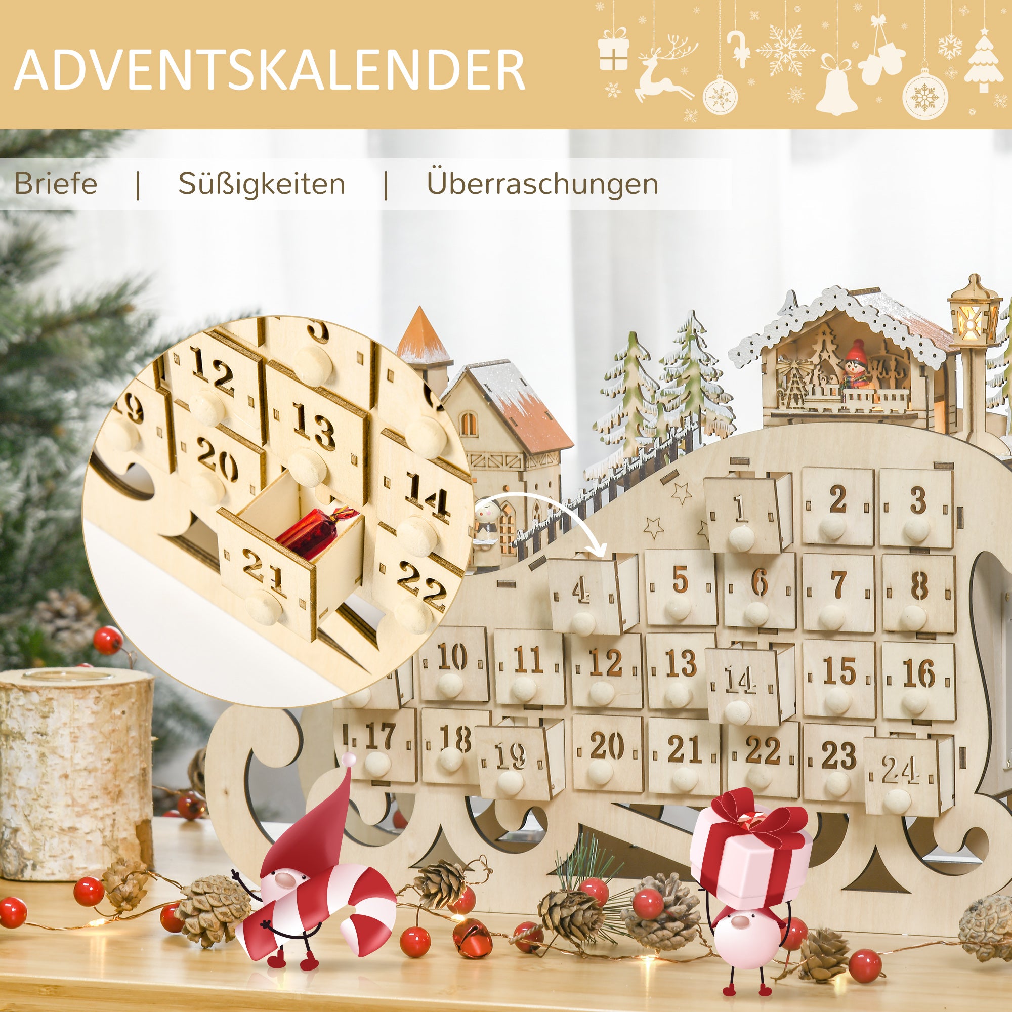 Advent Calendar, 24-Drawer LED Sleigh, Wood