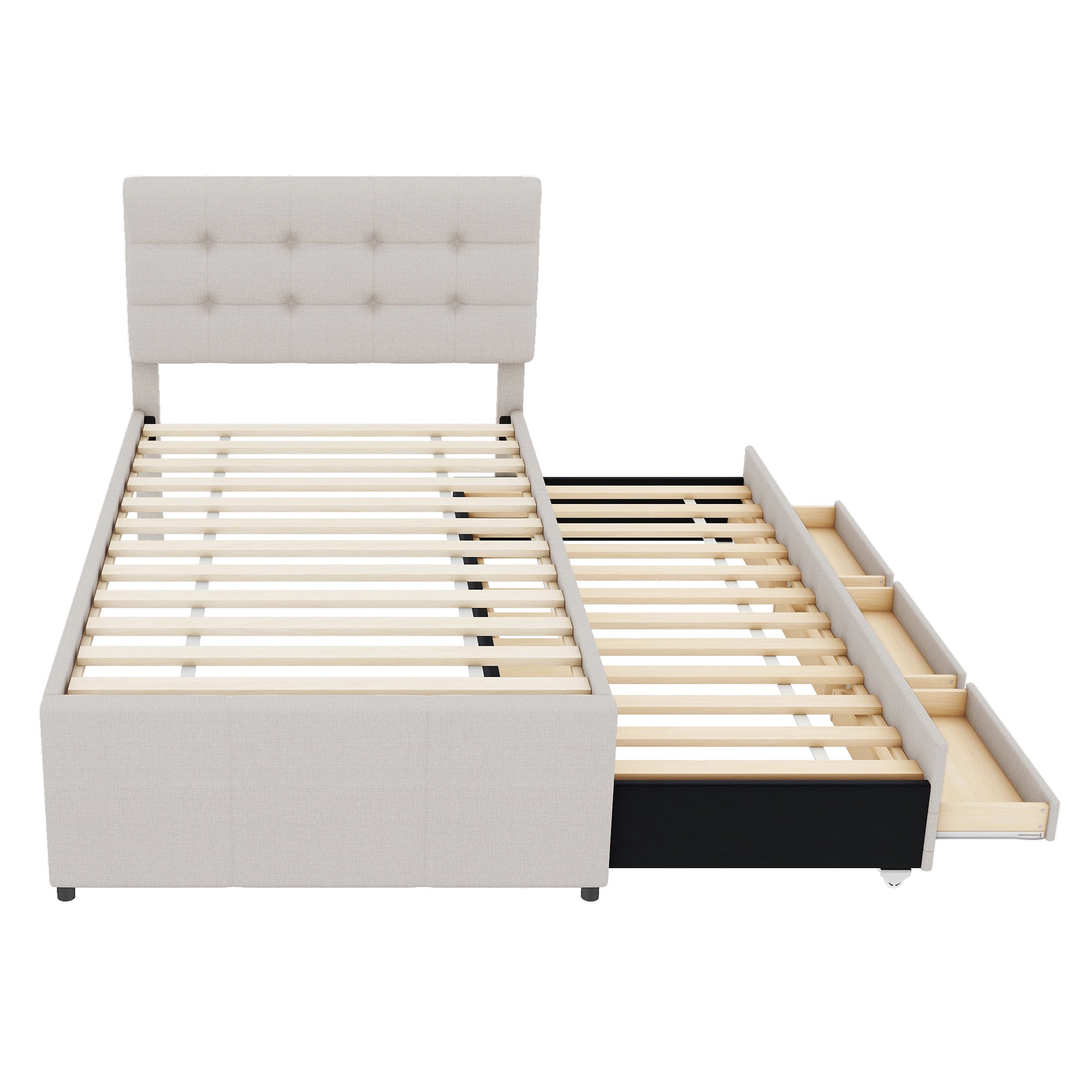 Upholstered Bed 90x200cm with 3 Drawers, Pull-out Trundle Bed, Adjustable Headboard, Beige