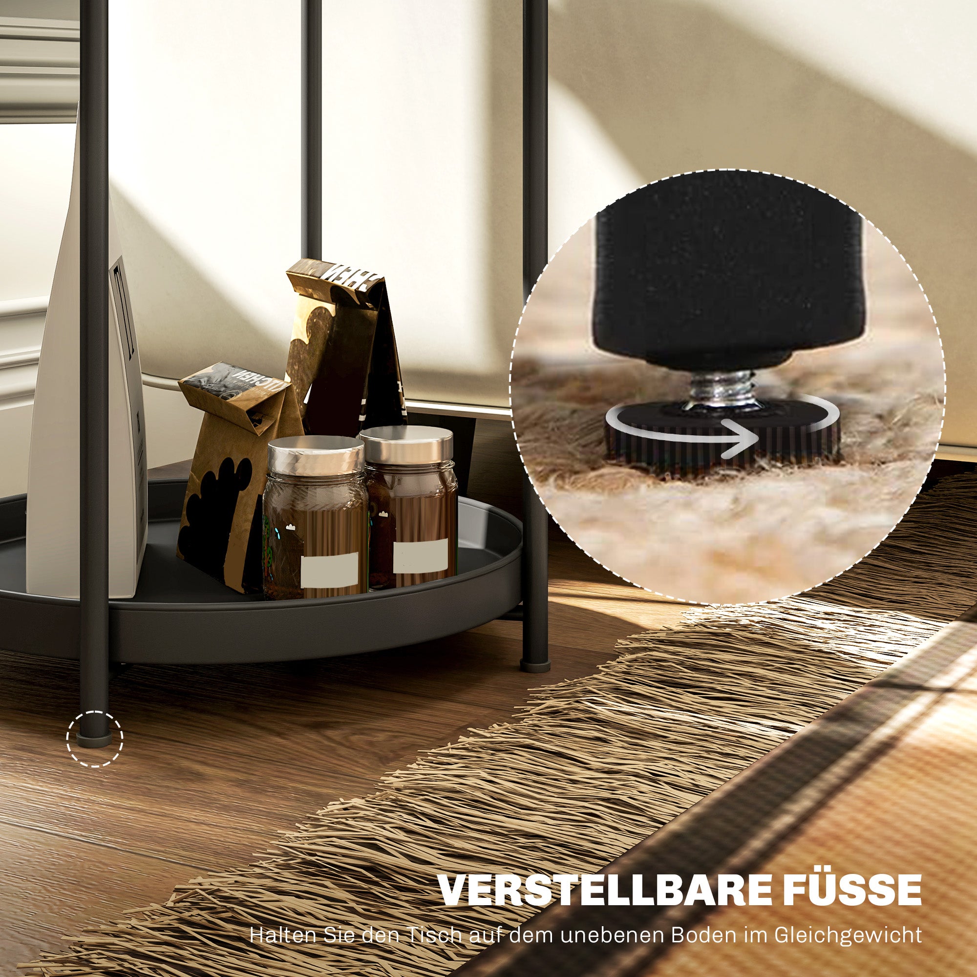 Side Table, 2 Shelves Round Coffee Table, Steel Black