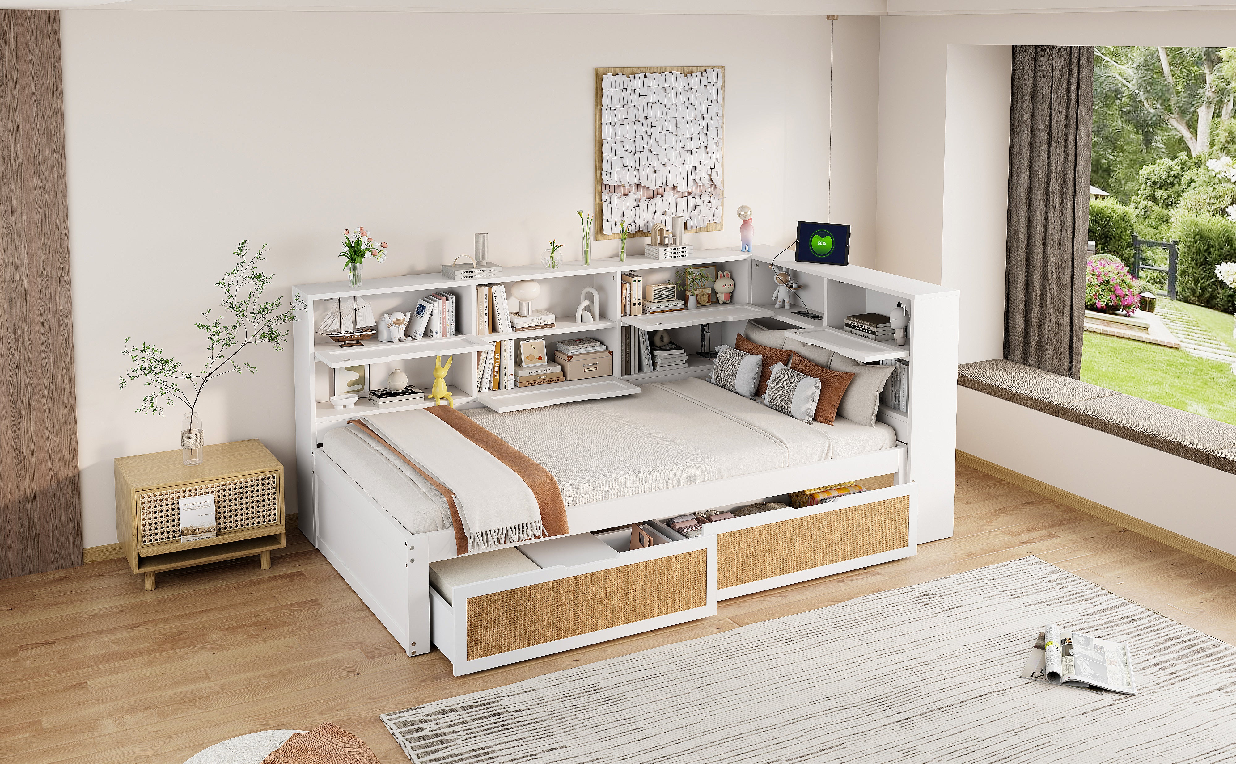 Sofa Bed, 90x200cm Multifunctional Single Bed with Drawer & Charging Port, White Solid Wood