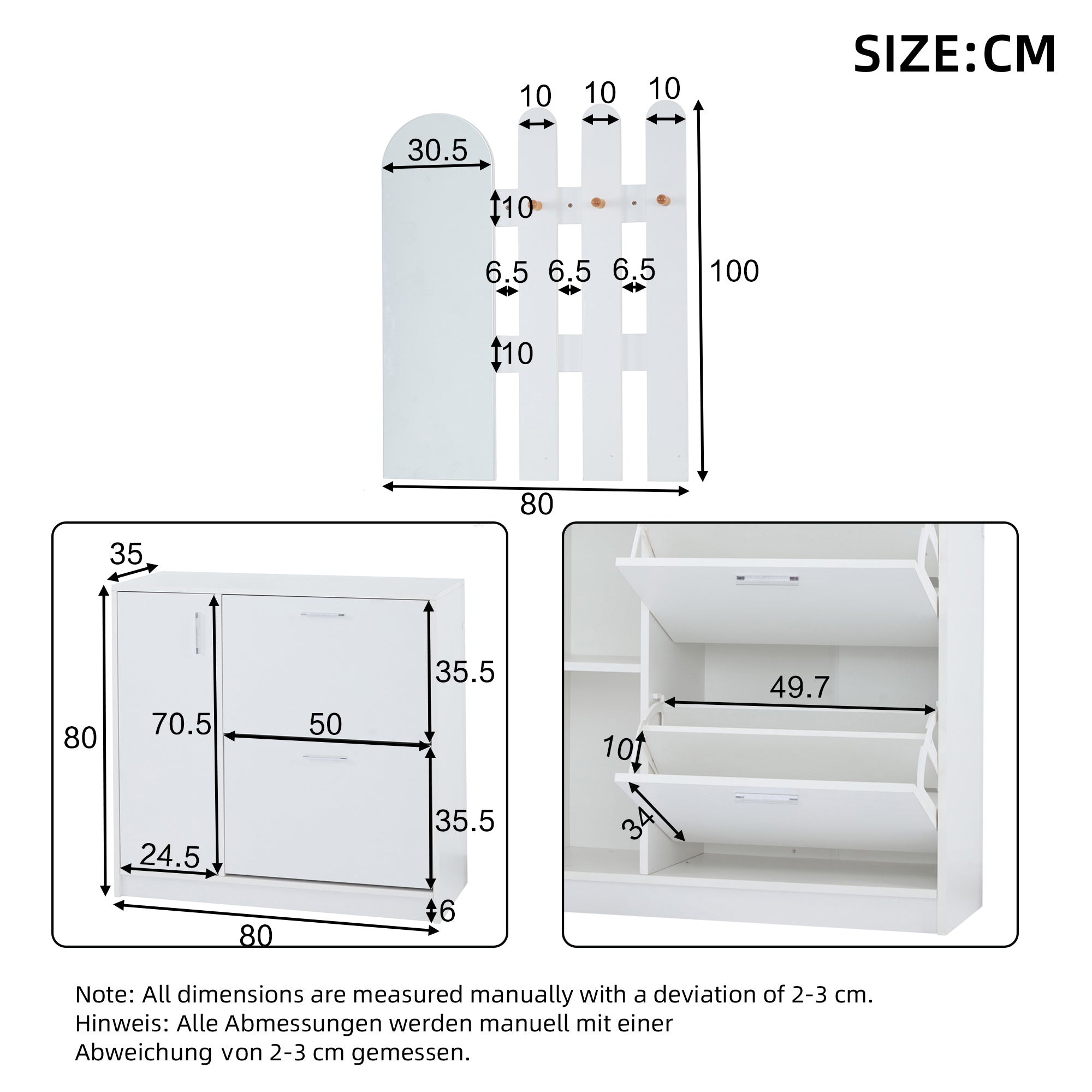 Shoe Cabinet, Folding Doors with Mirror & Hooks, White