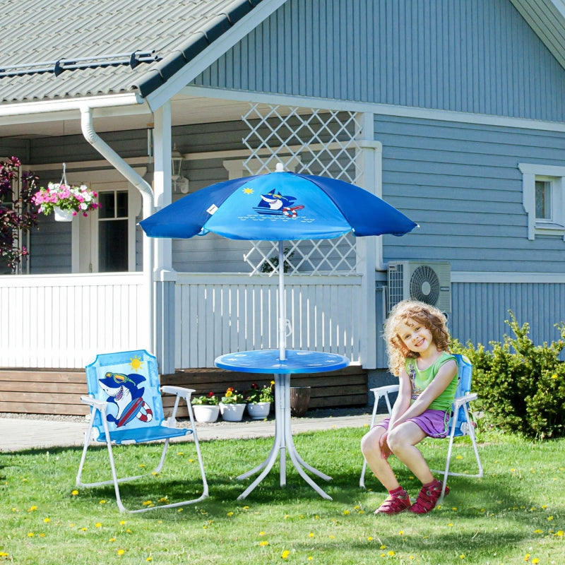 Kids Outdoor Bistro Table and Chair Set, Folding Shark Design Sun Umbrella, Blue