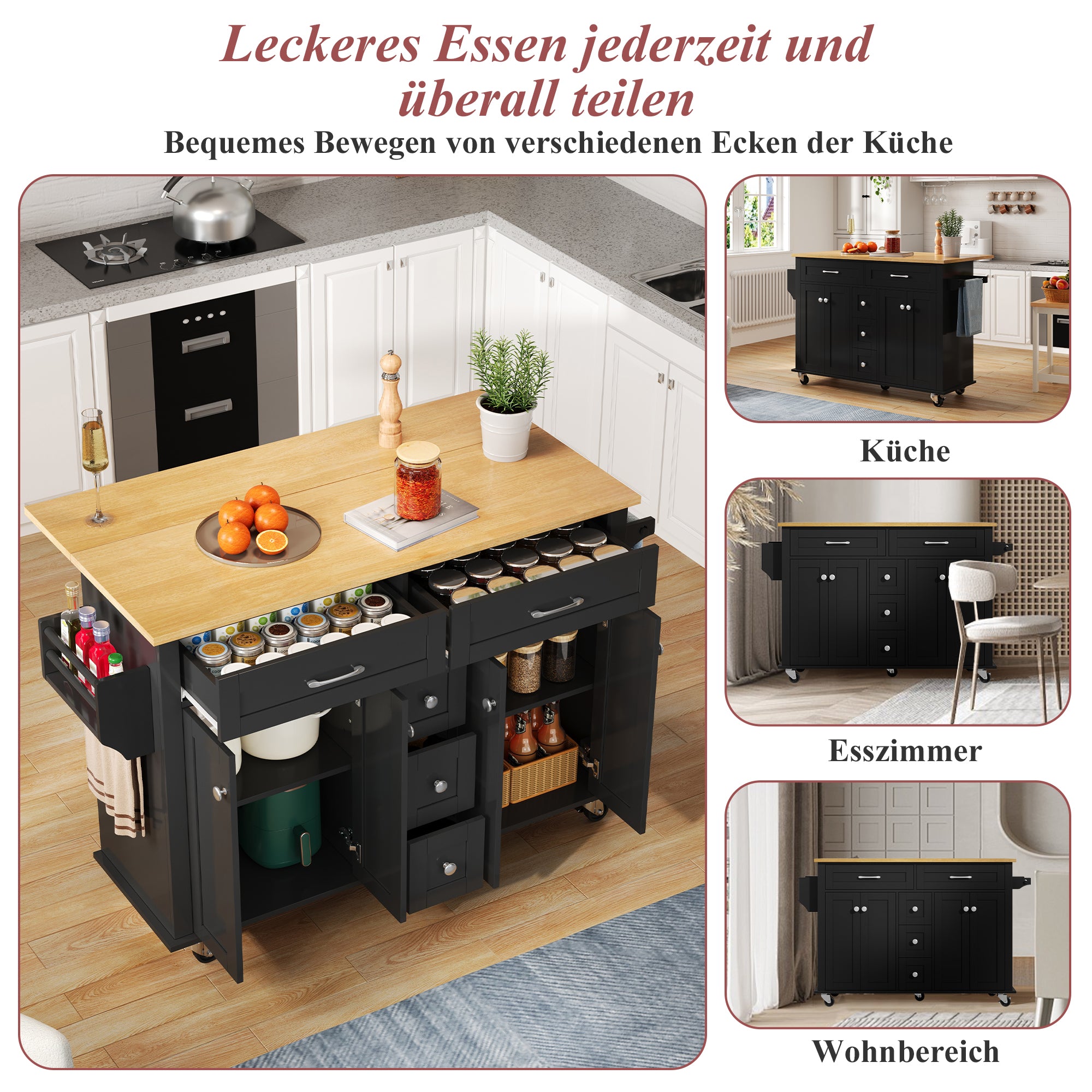 Multifunctional Kitchen Island Mobile Trolley with Extendable Worktop, 5 Drawers & Spice Rack