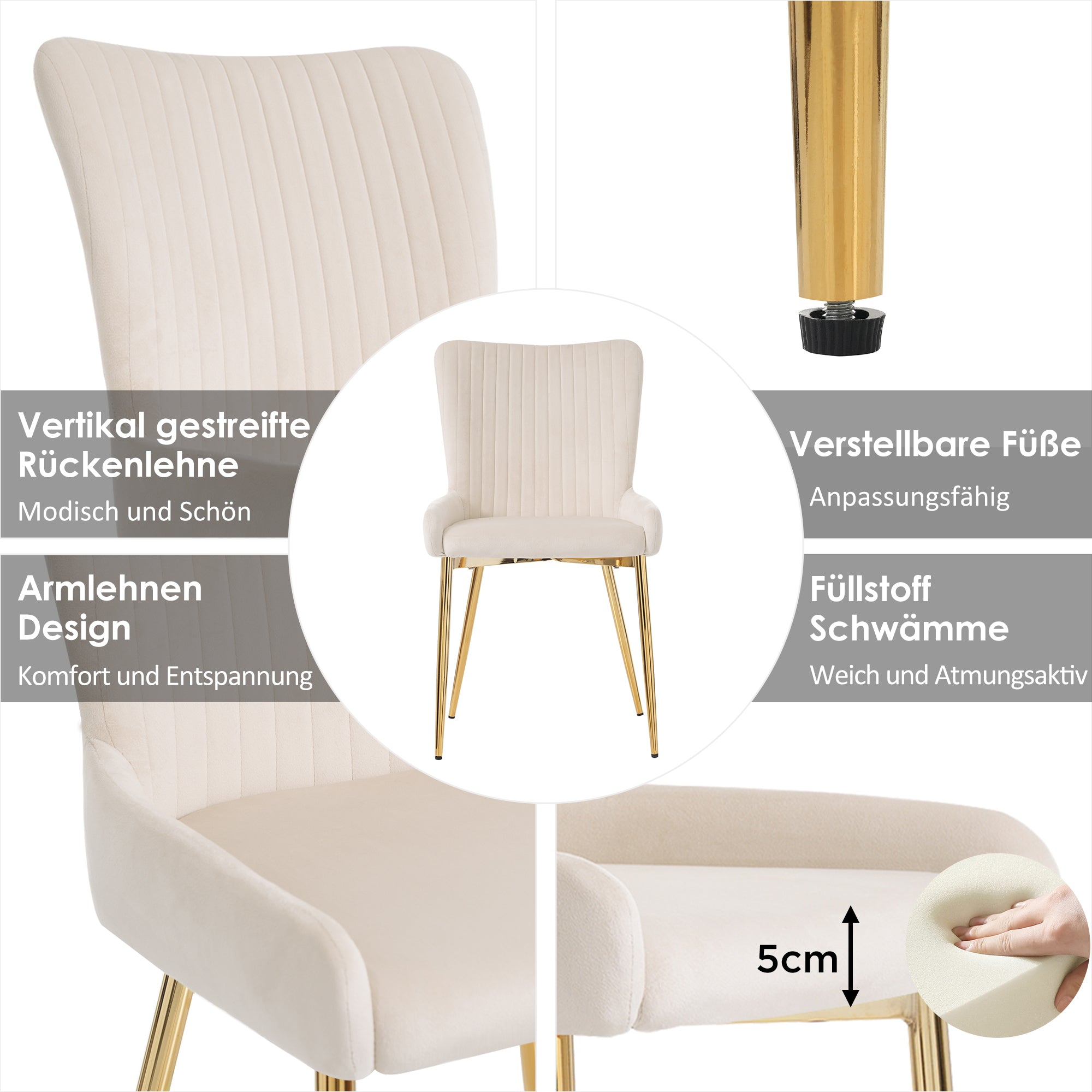 Velvet Dining Chair, Set of 4 with Gold Metal Legs and Lumbar Support, Beige